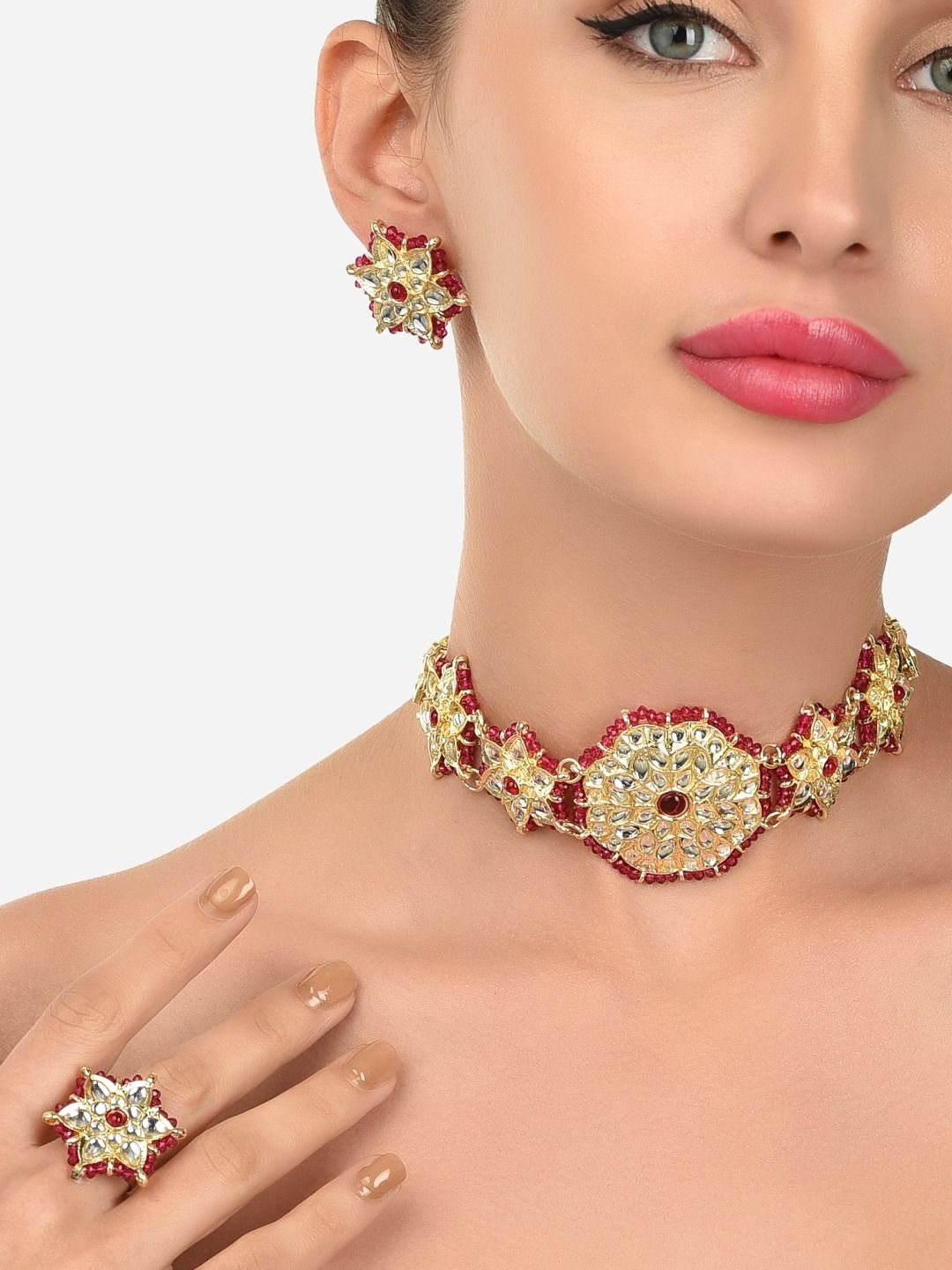 Buy Zaveri Pearls Pink & Golden Crystal & Kundan Beaded Choker Necklace Set -  - Accessories for Women