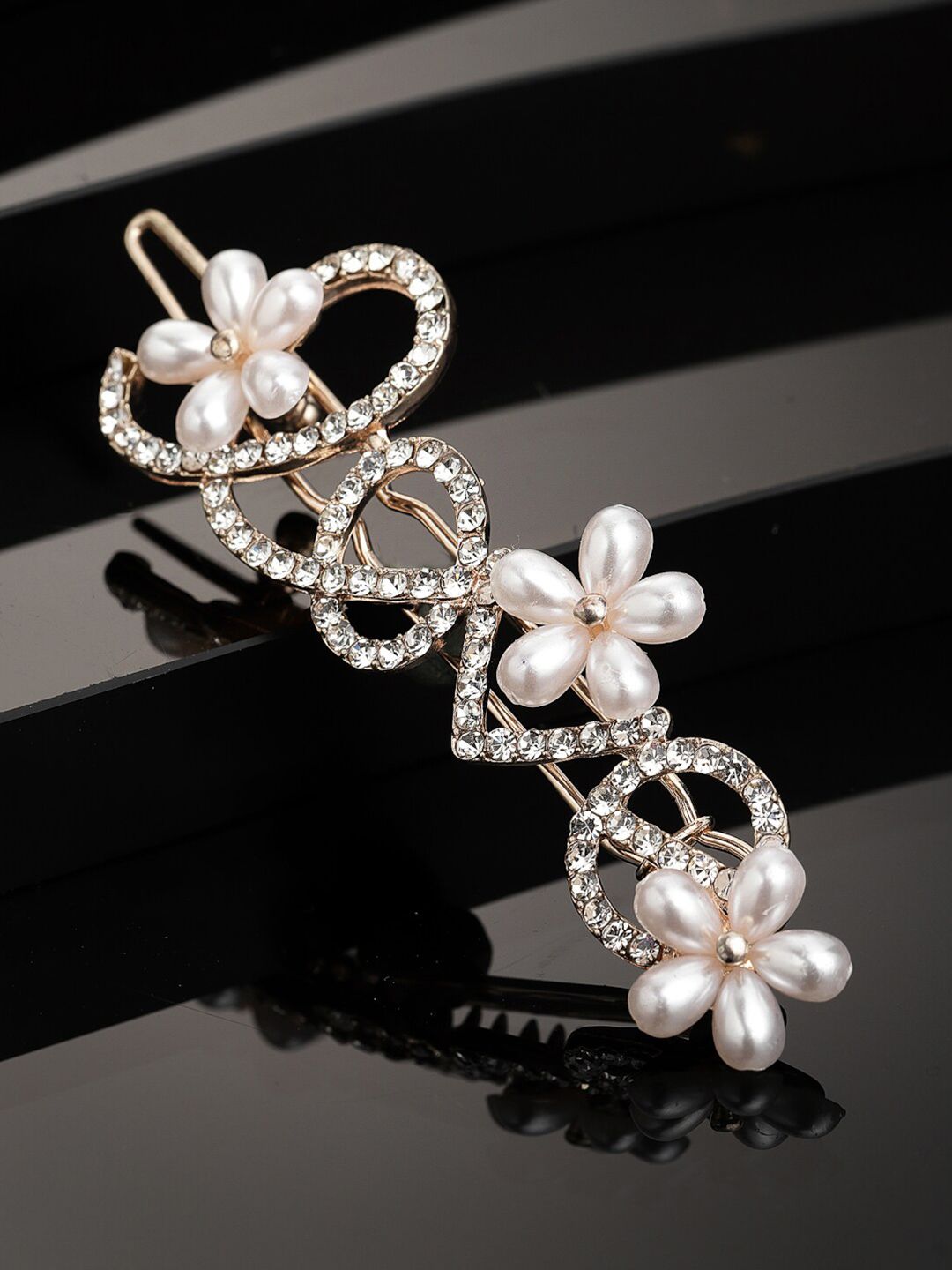 PANASH Women Gold-Toned & White CZ-Studded & Beaded Love Hair Pin