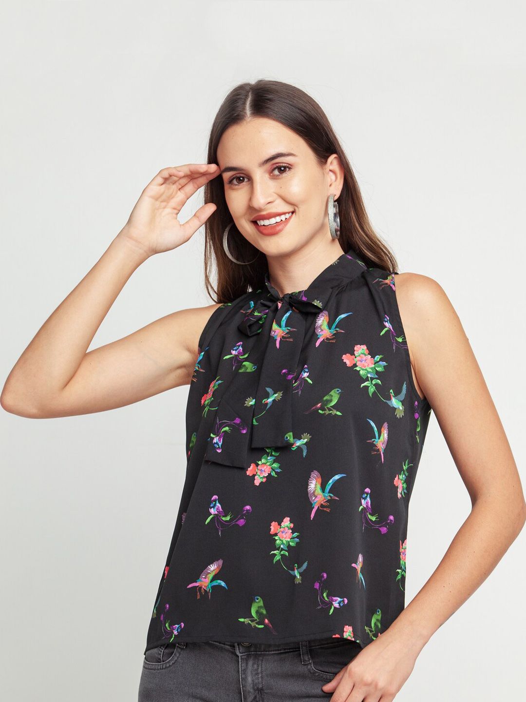 Zink London Black Floral Print Tie-Up Neck Shirt Style Top