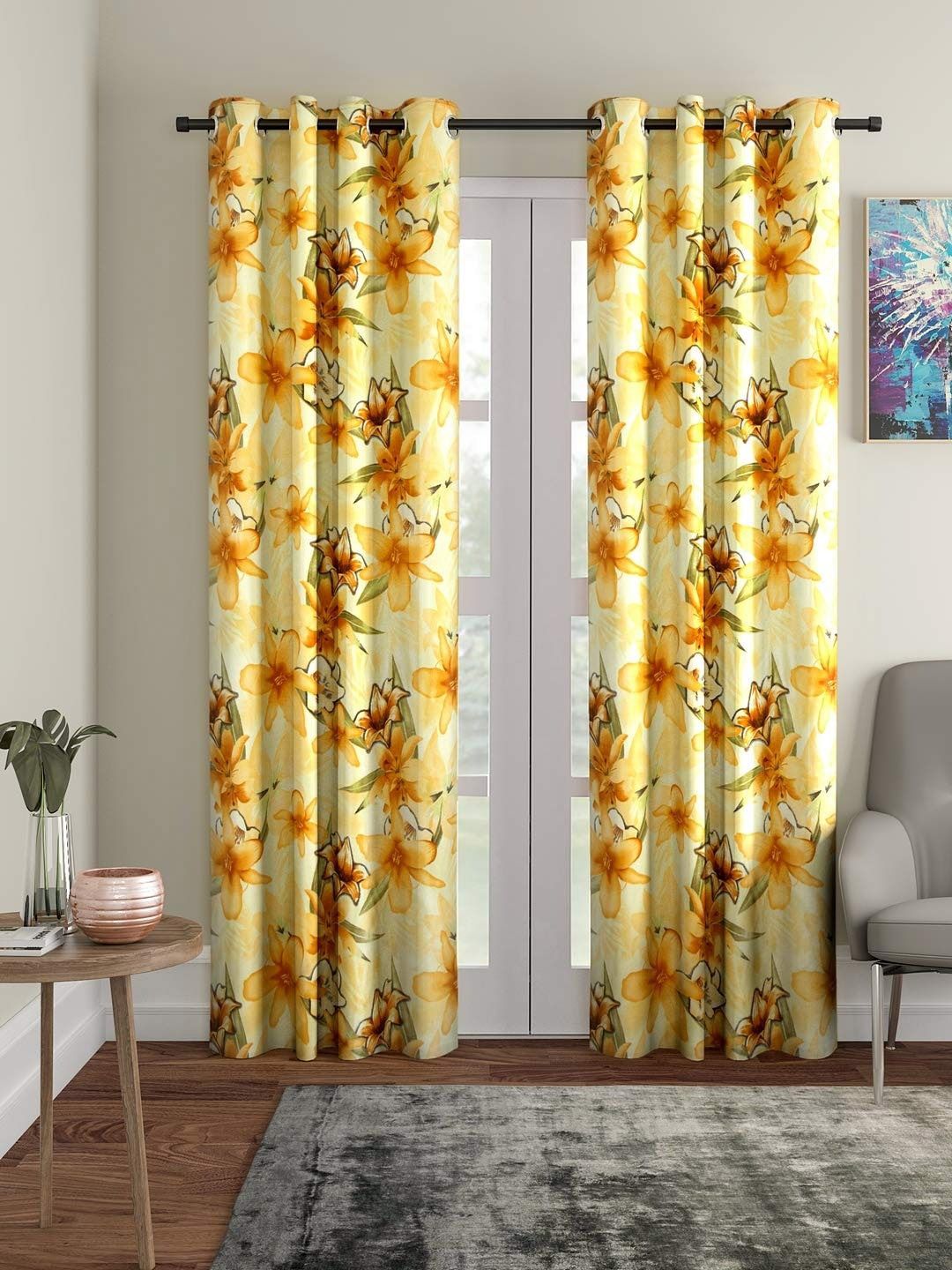 Buy Home Sizzler Yellow & Green Set Of 2 Floral Long Door Curtain -  - Home for Unisex