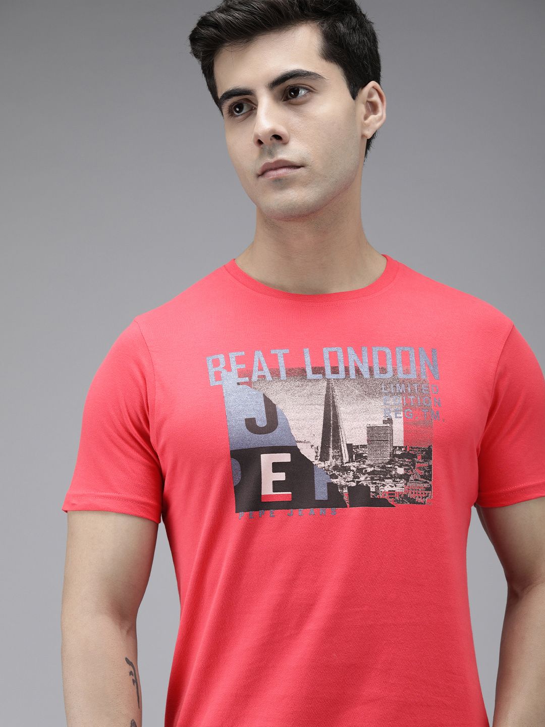 BEAT LONDON by PEPE JEANS Men Pink Printed Pure Cotton Slim Fit T-shirt