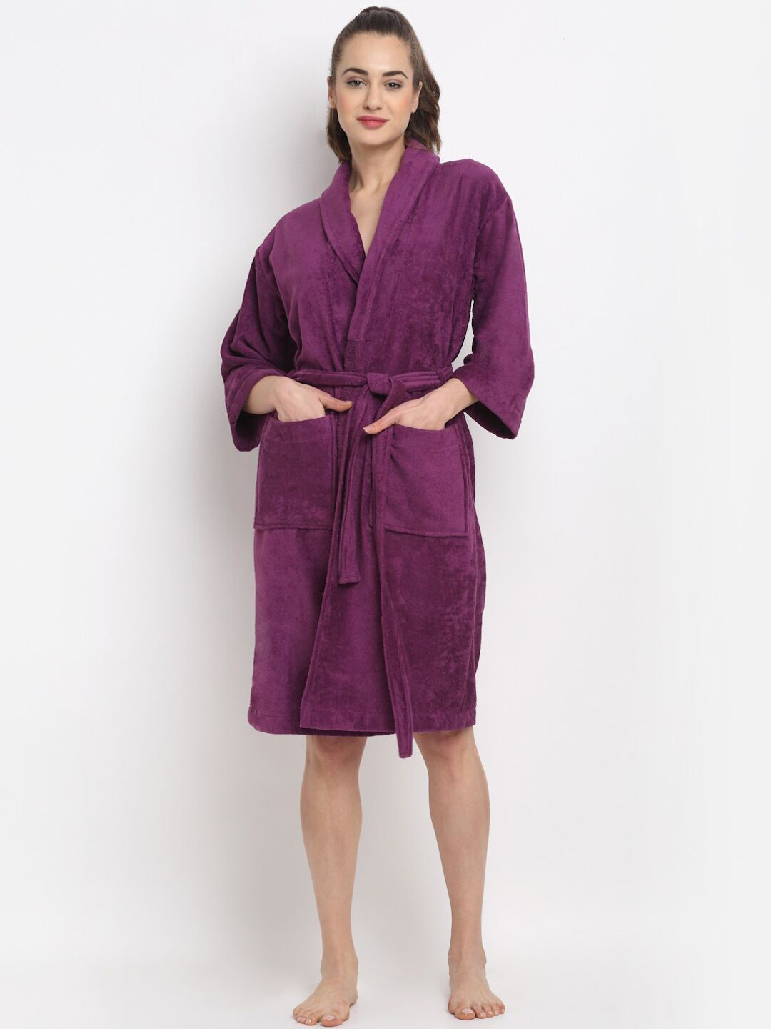 Buy Creeva Luxury Purple Solid Cotton Drawstring Midi Bath Robe M -  - Home for Unisex