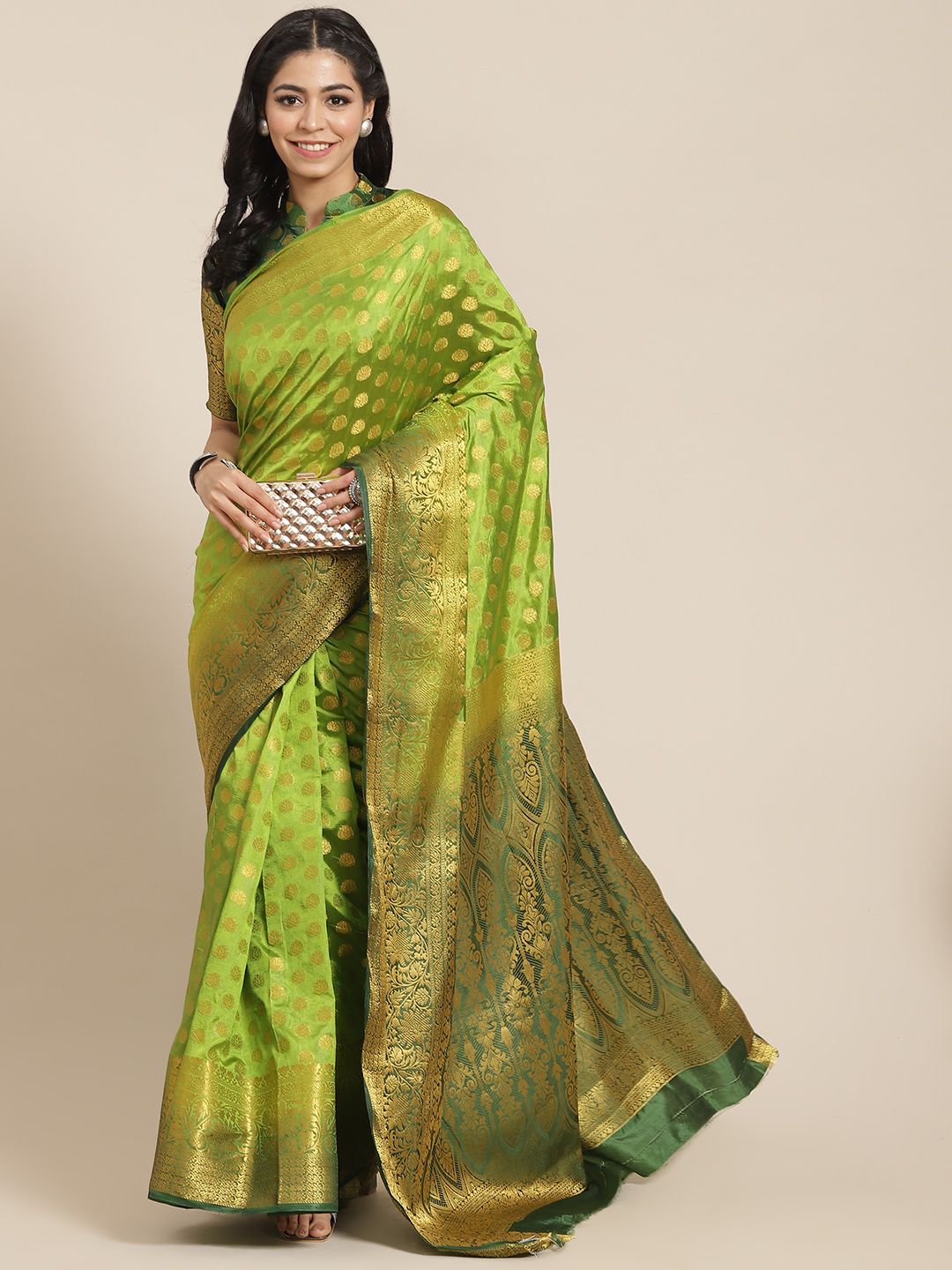 RAJGRANTH Women Green & Golden Woven Design Zari Silk Cotton Banarasi Saree