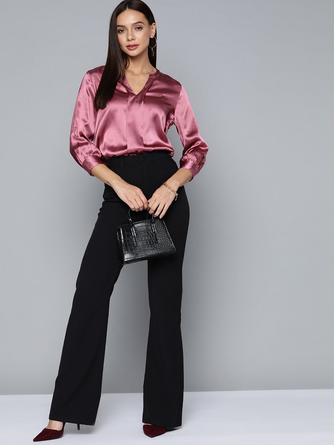 Mauve Satin Mandarin Collar Top 5