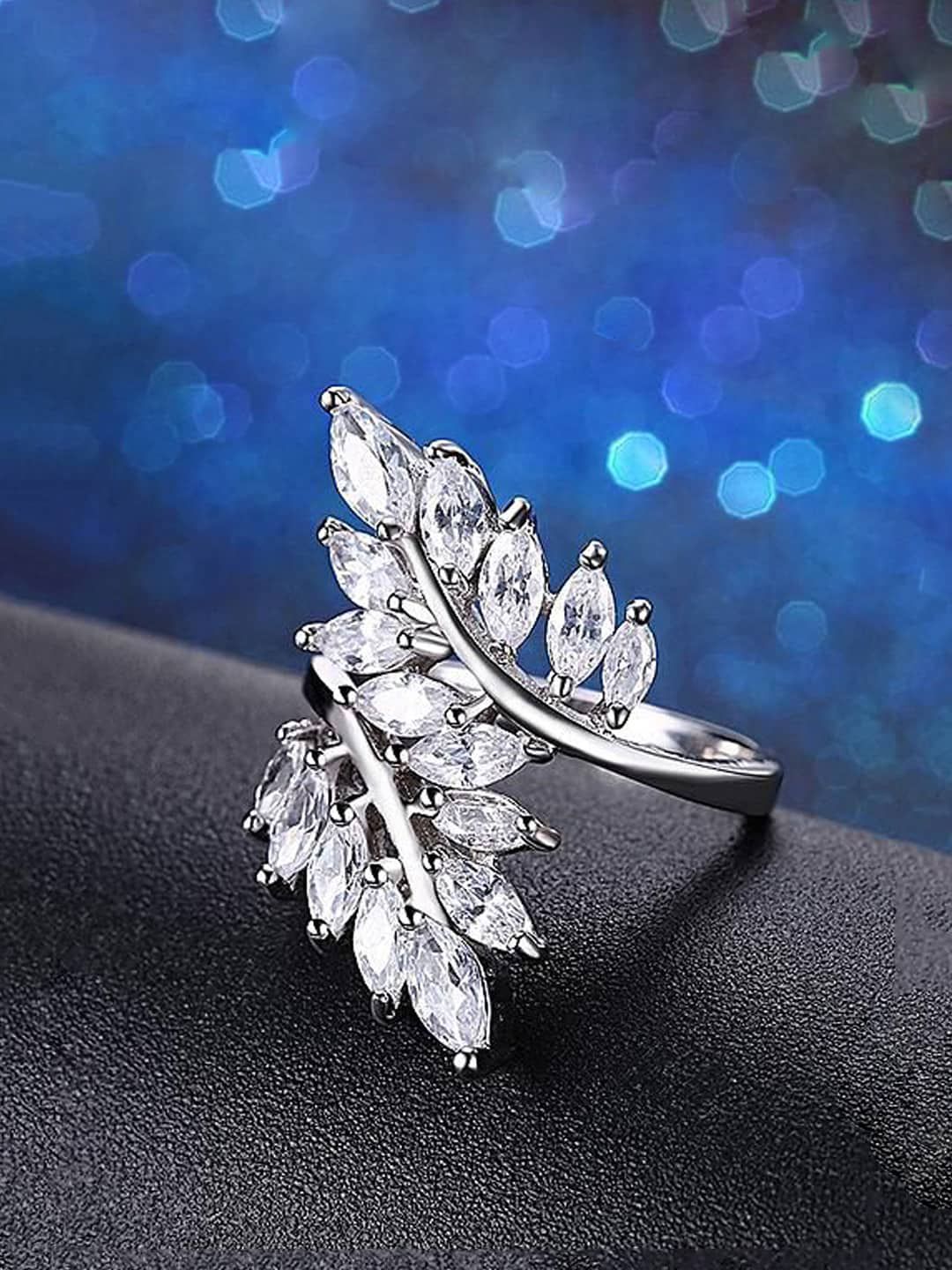 Yellow Chimes Silver-Toned White Crystal-Studded Finger Ring