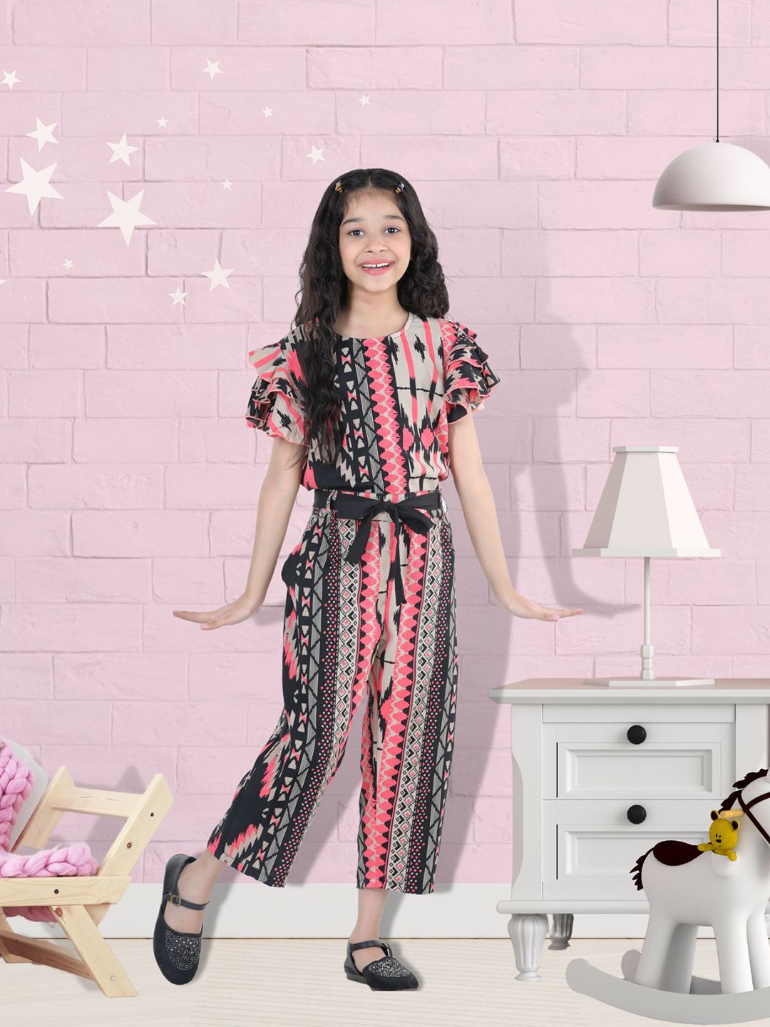 Girls Black & Pink Printed Capri Jumpsuit