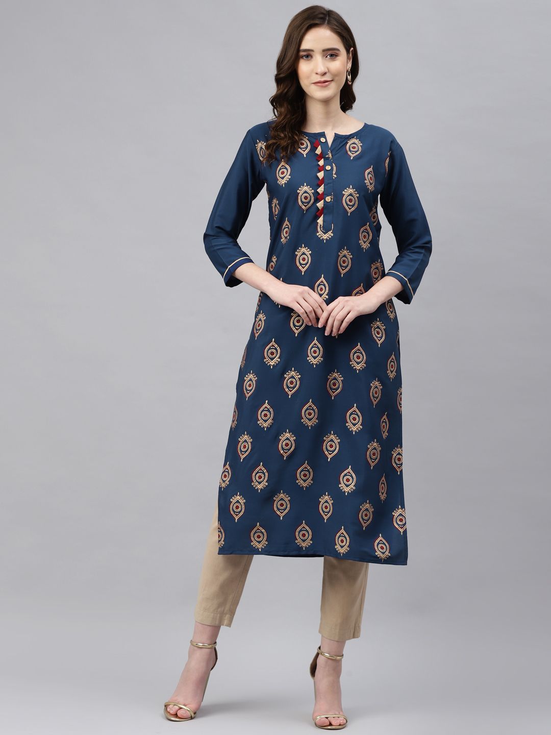 Sasimo Women Blue & Golden Ethnic Motifs Printed Kurta