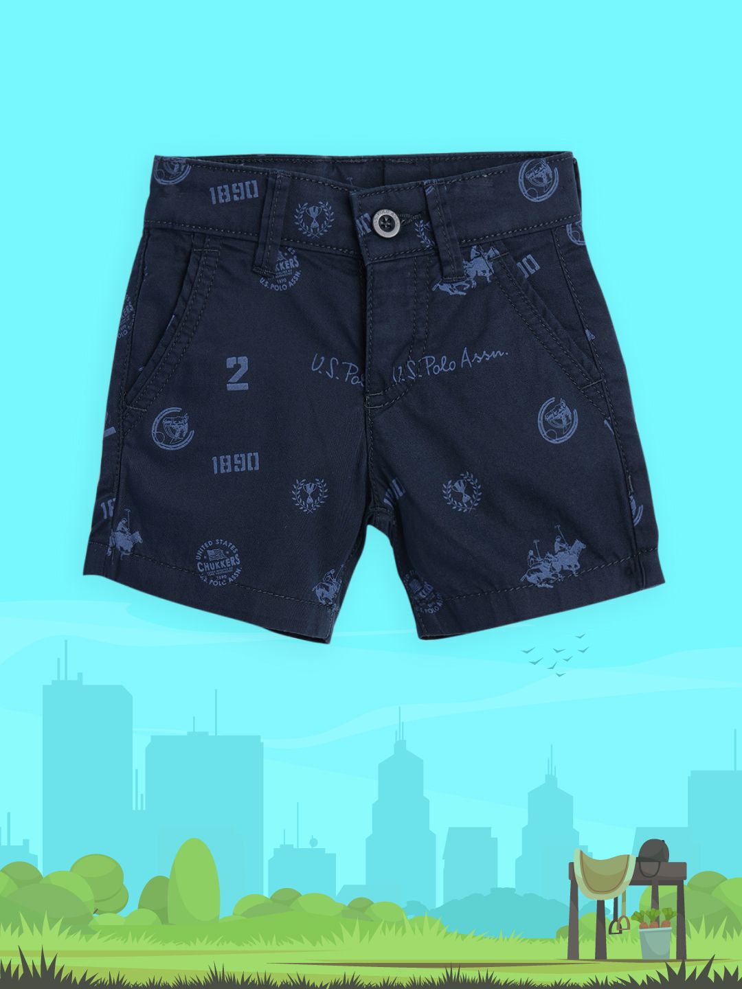 U.S.Polo Assn. Kids Boys Navy Blue Pure Cotton Printed Shorts