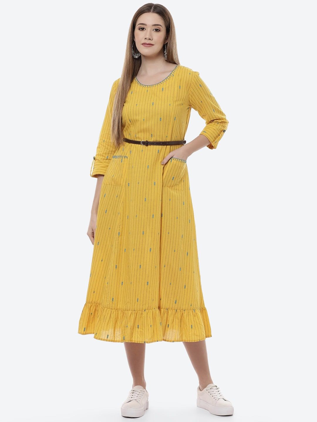 Buy Rangriti Mustard Yellow Ethnic Motifs Ethnic Midi Dress -  - Apparel for Women