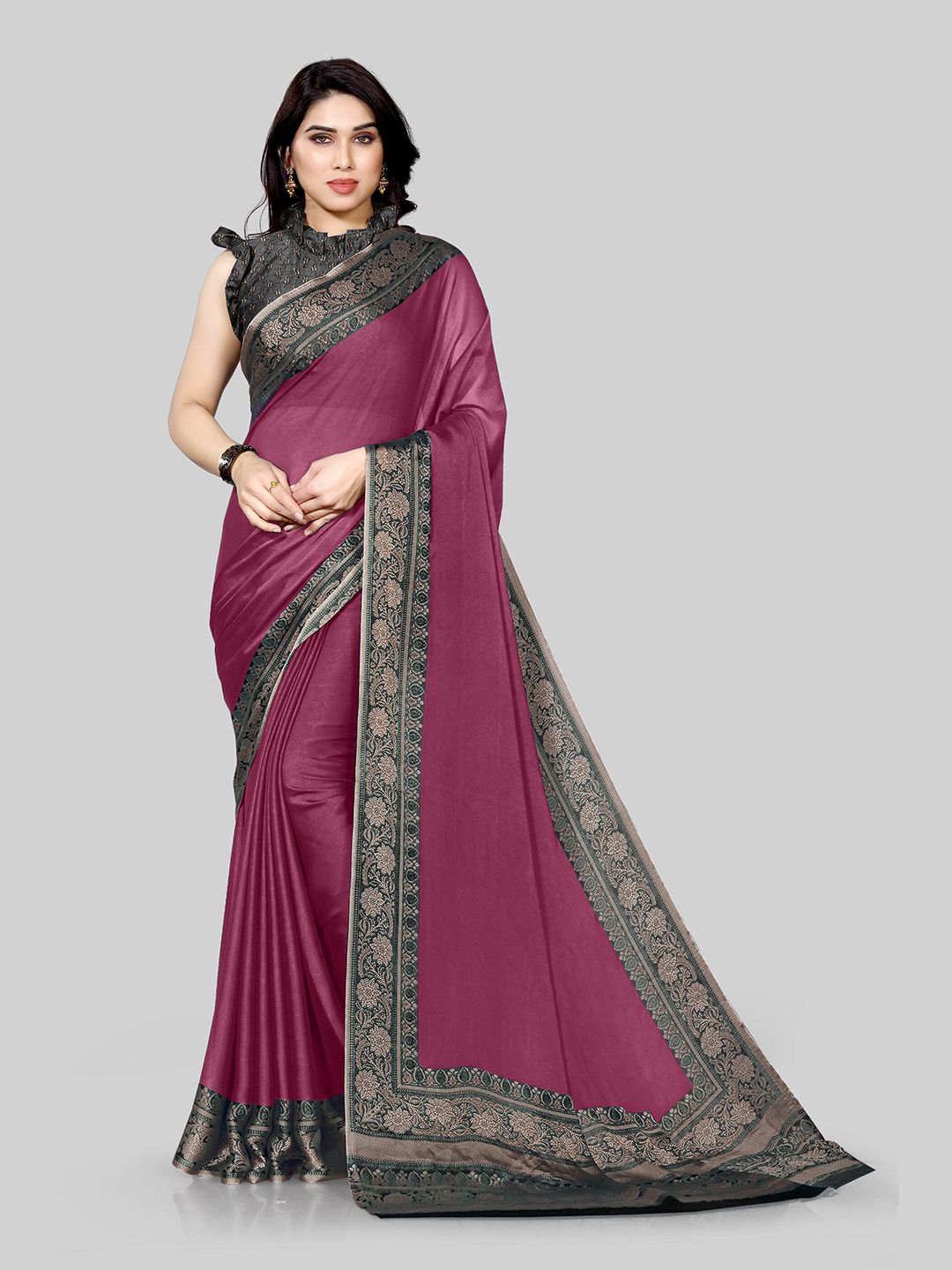 KALINI Pink & Grey Floral Printed Bagh Saree