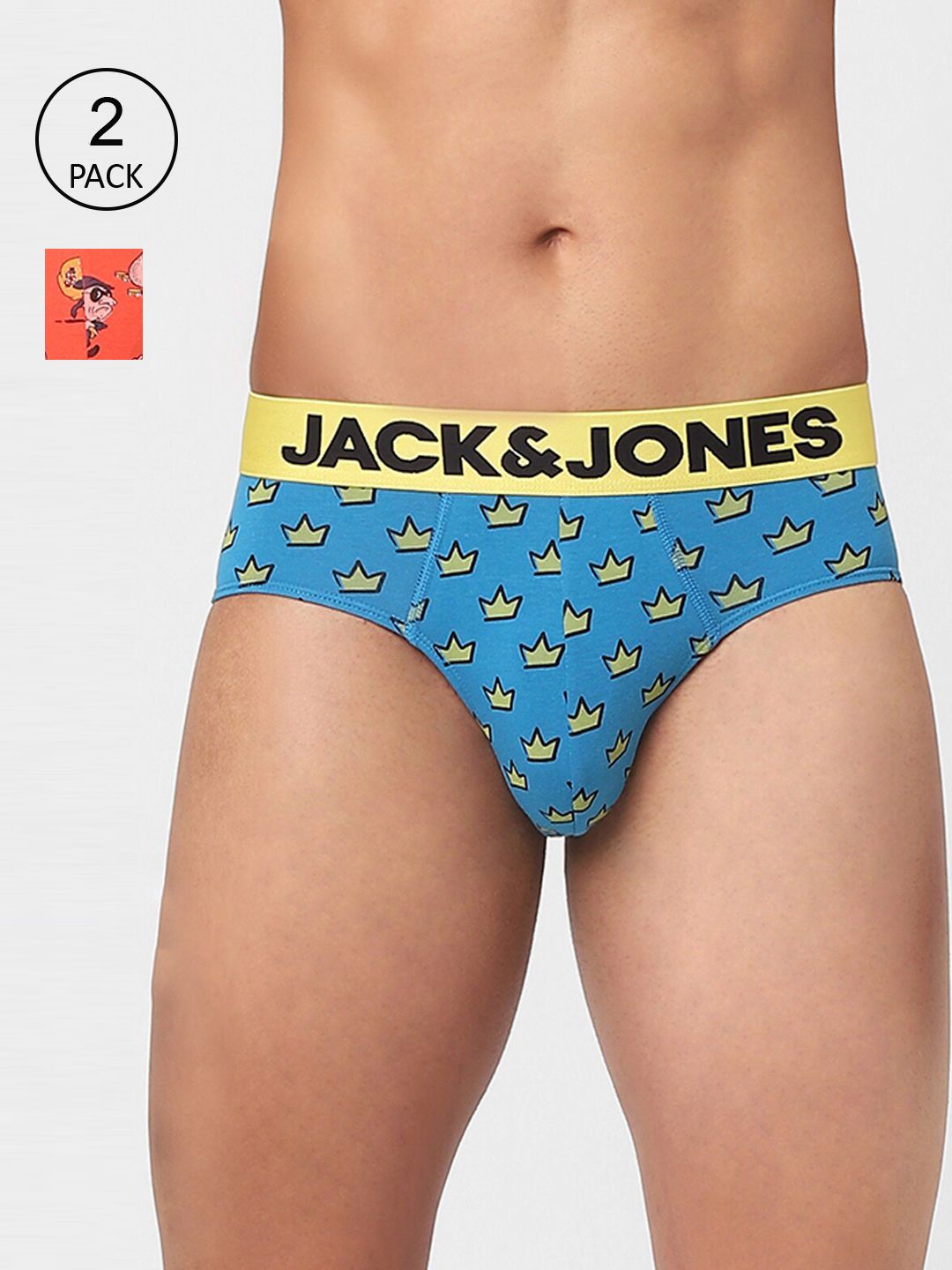 Buy Jack & Jones Men Blue & Orange Pack Of 2 Printed Cotton Briefs -  - Apparel for Men