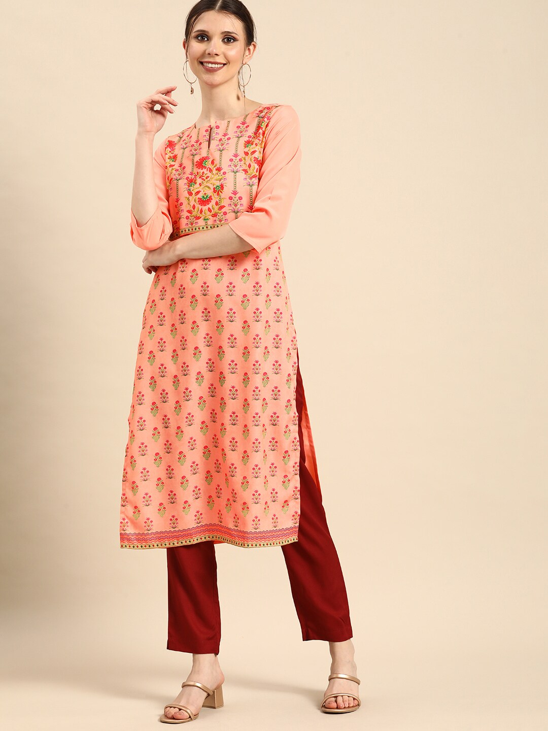 [Size S, M] Anouk Women Peach-Coloured & Multicoloured Floral Printed Kurta