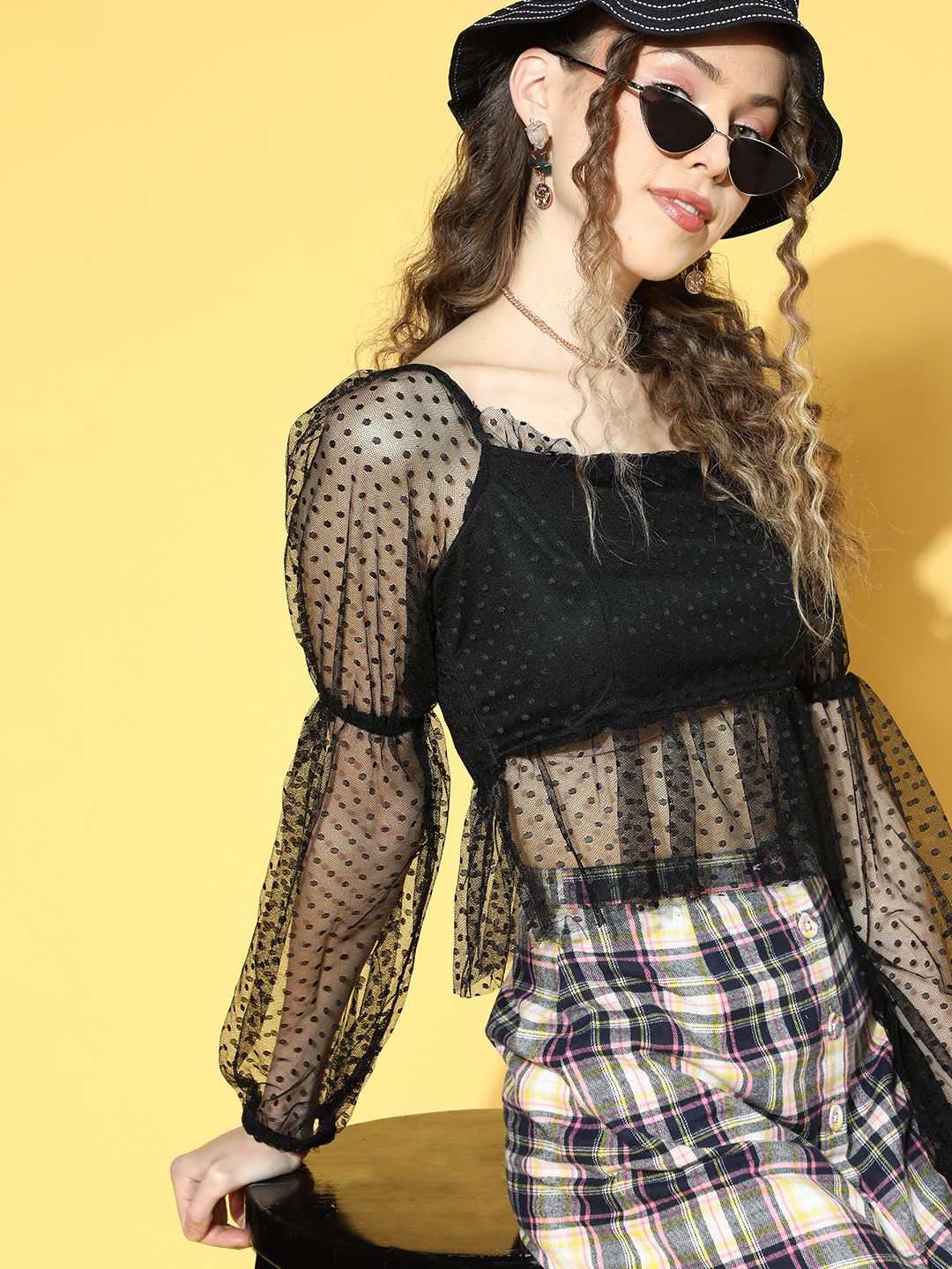 Athena Women Stylish Black Self-Design Sheer Top
