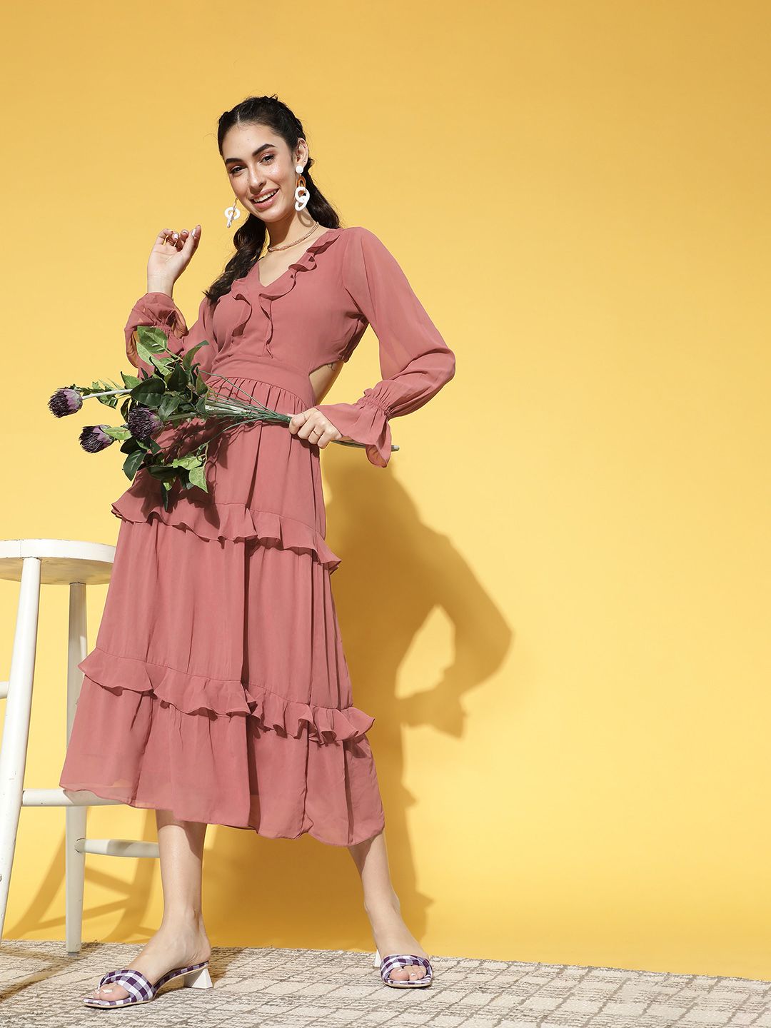 Athena Women Chic Brown Solid Volume Play Dress