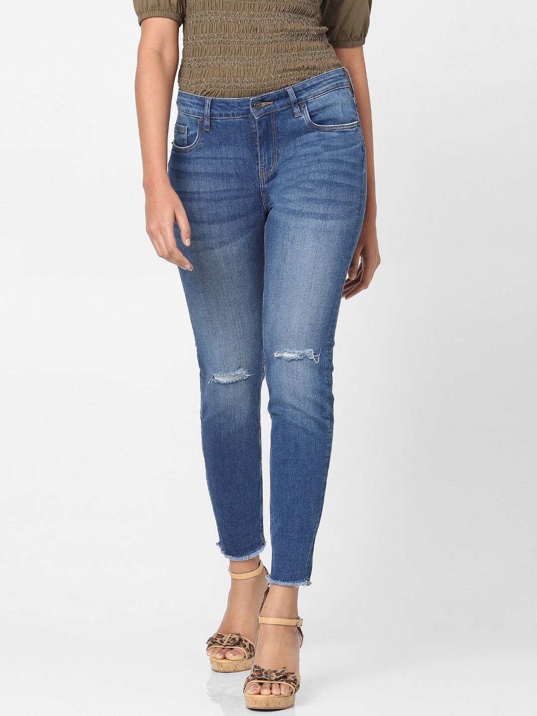 Vero Moda Women Blue Straight Fit High-Rise Low Distress Light Fade Stretchable Jeans