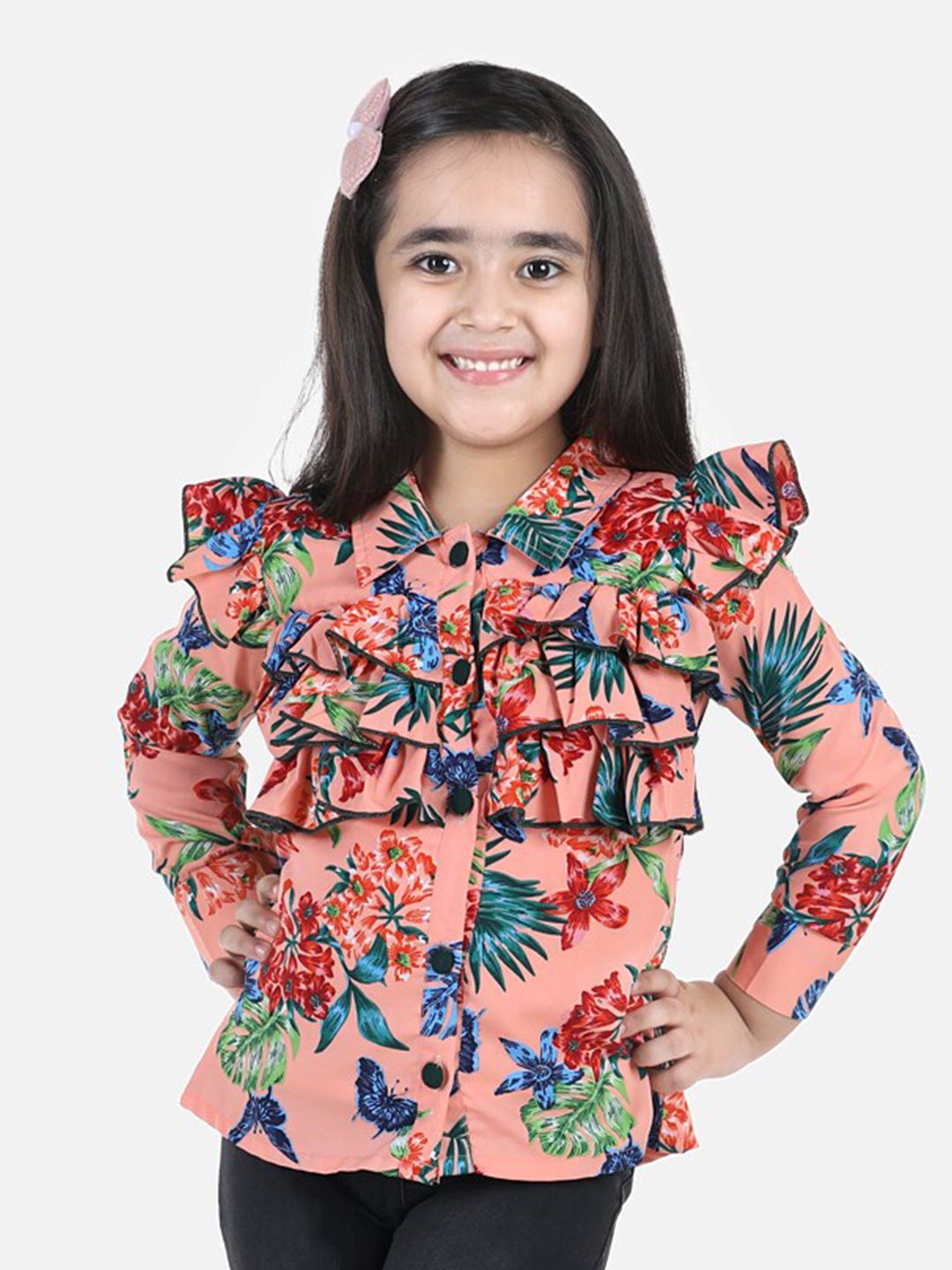 Rust Floral Print Ruffles Crepe Shirt Style Top