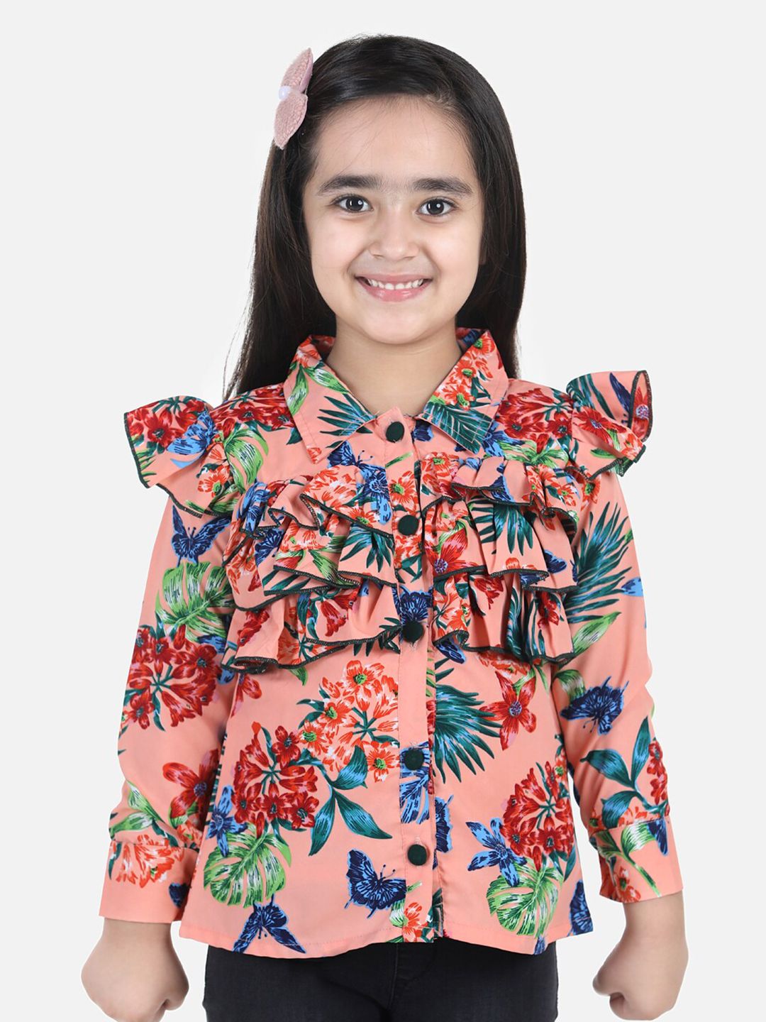 Rust Floral Print Ruffles Crepe Shirt Style Top 2