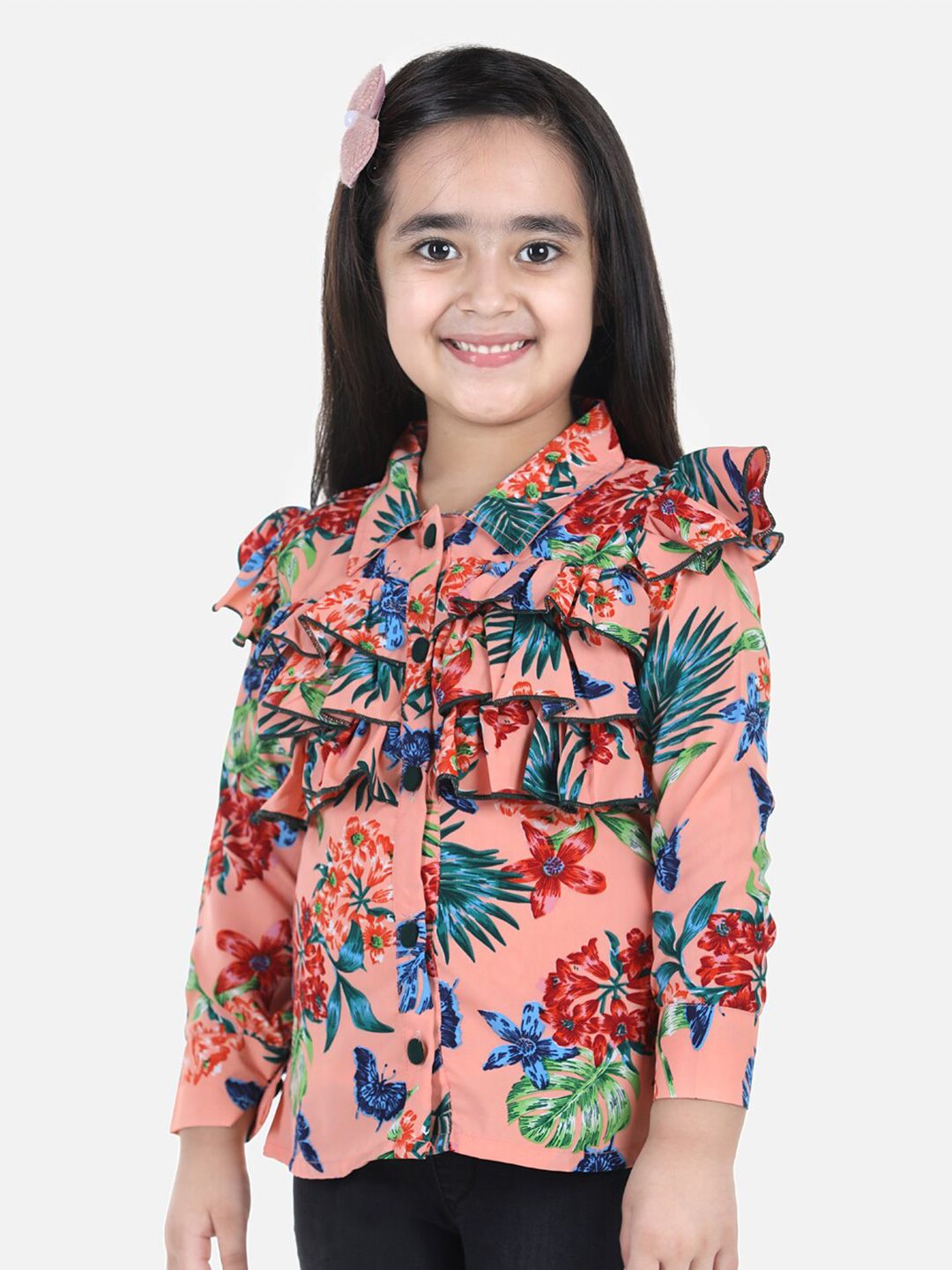 Rust Floral Print Ruffles Crepe Shirt Style Top 3