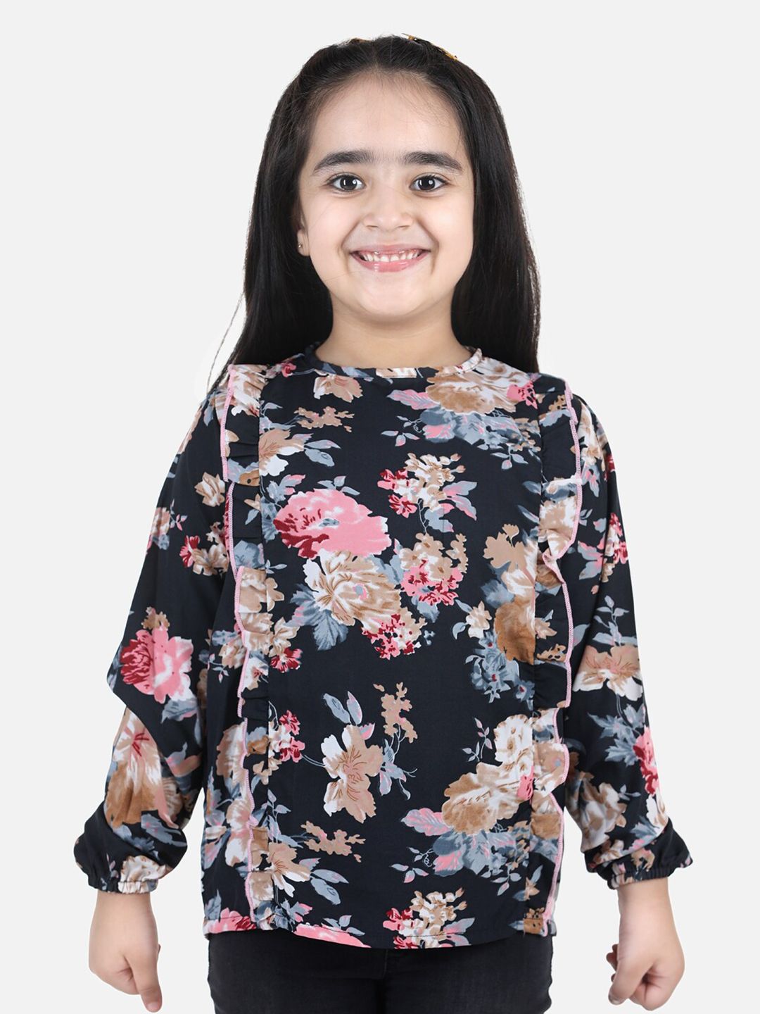 Cutiekins Girls Black & Pink Floral Print Ruffles Crepe Top