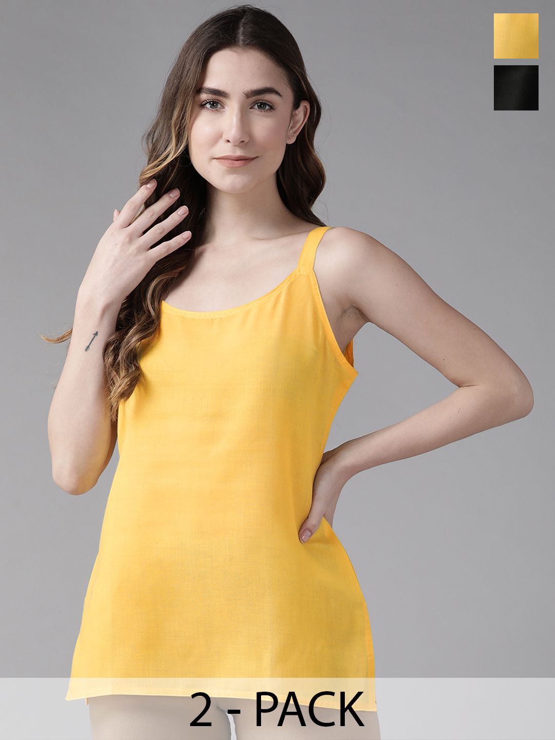 ADA Women Black & Yellow Pack of 2 Pure Cotton Solid Handloom Camisoles
