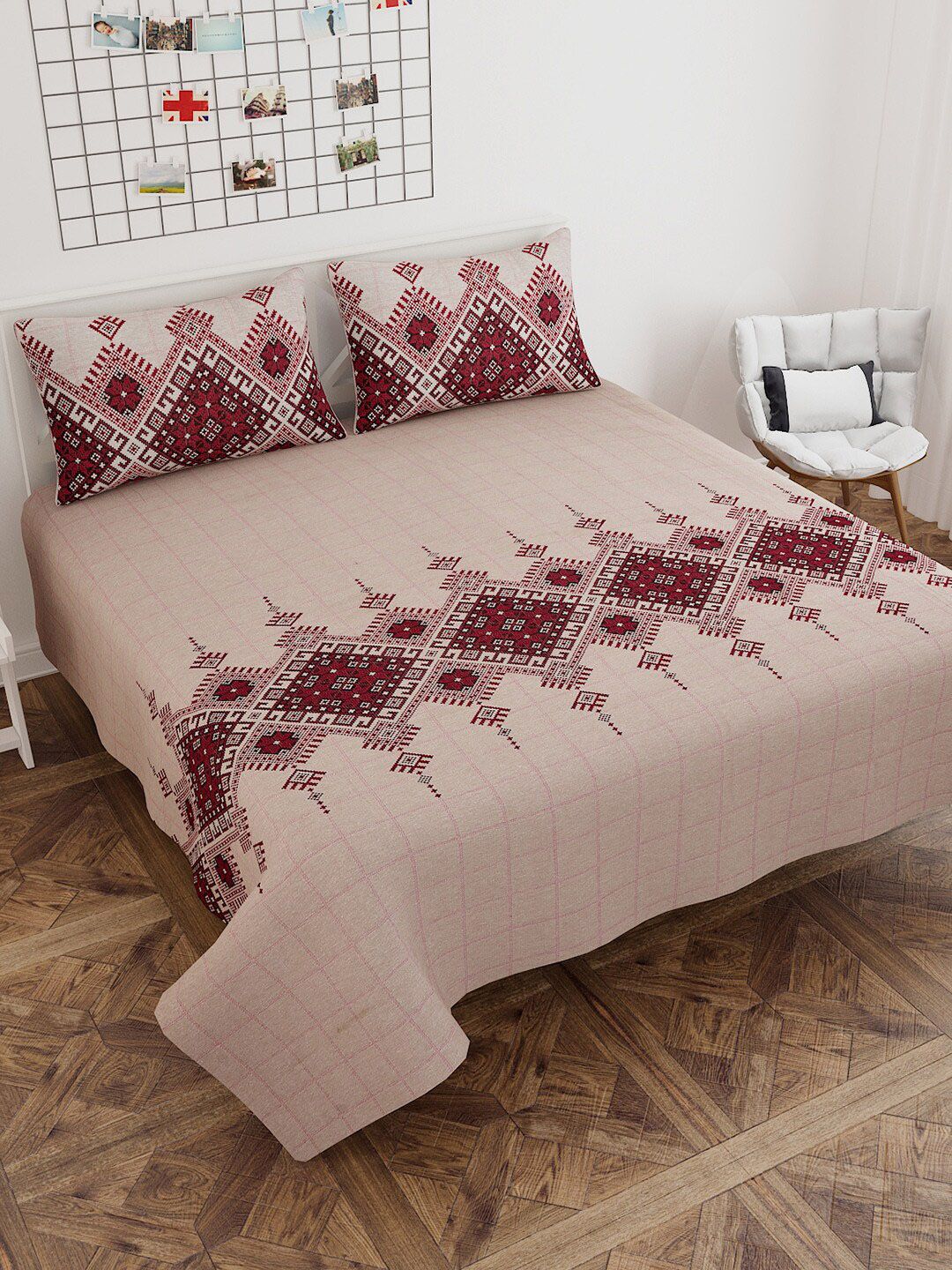 MULTITEX Maroon & Beige Abstract Printed Cotton 380 TC Double King Bed Cover