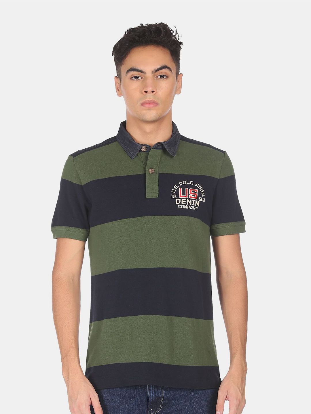 U.S. Polo Assn. Denim Co. Denim Co. Men Green & Navy Blue Colourblocked Pure Cotton Polo Collar T-shirt