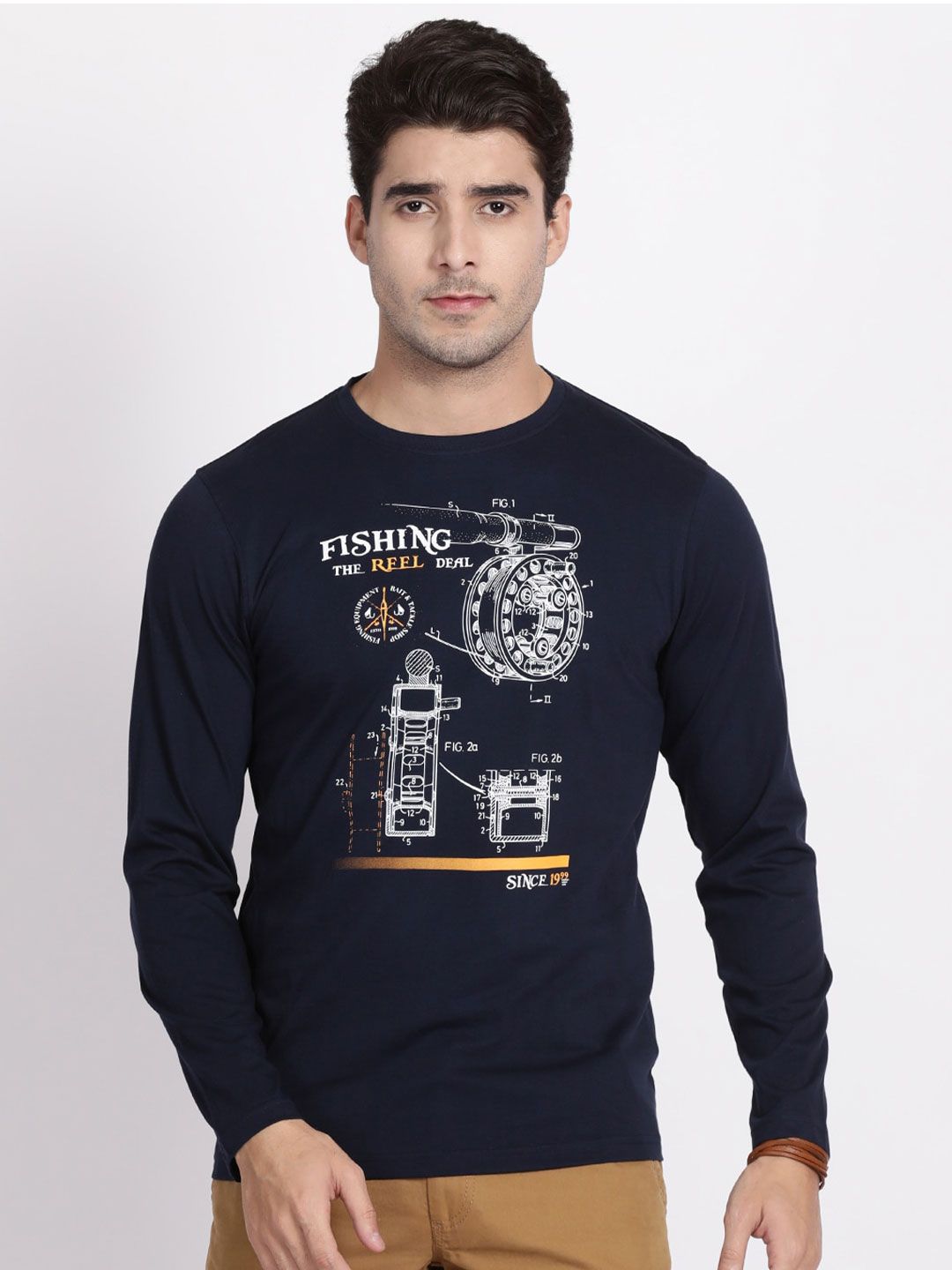 t-base Men Navy Blue Printed Pure Cotton Regular Fit T-shirt
