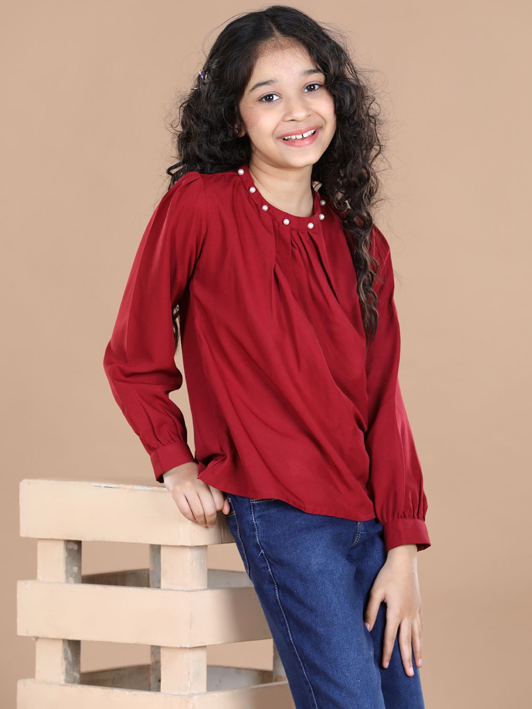 Cutiekins Maroon Pearl Embellished Crepe Top