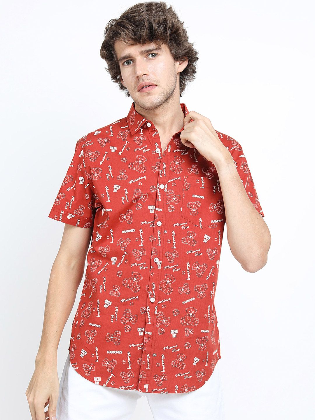LOCOMOTIVE Men Rust Slim Fit Printed Cotton Casual Shirt