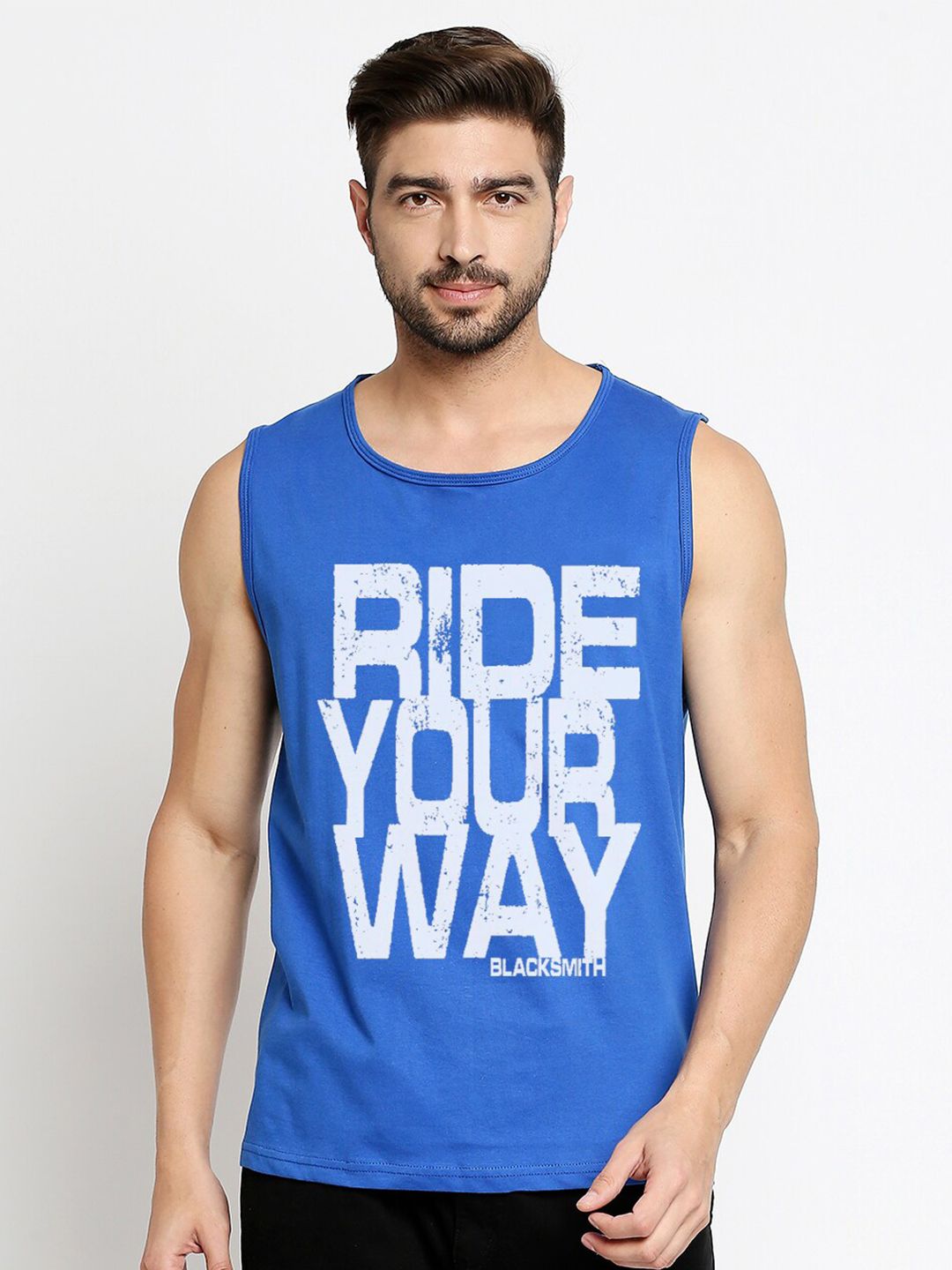 Blacksmith Men Blue & White Typography Printed Sleeveless Training or Gym T-shirt
