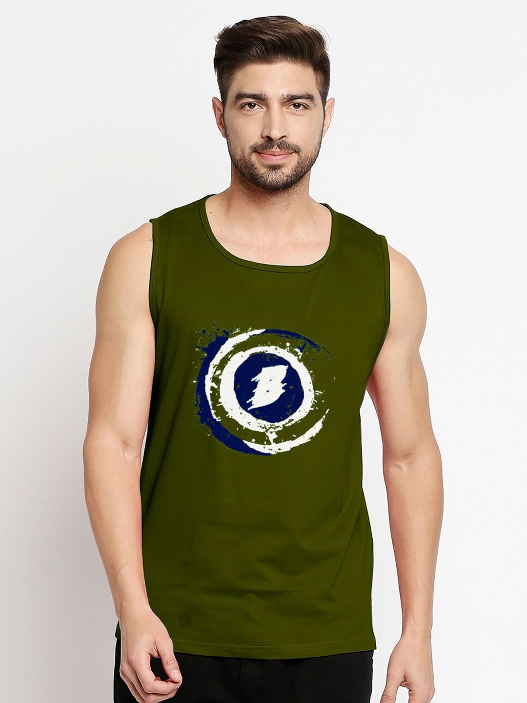 Blacksmith Men Green Printed Sleeveless Training or Gym Cotton T-shirt