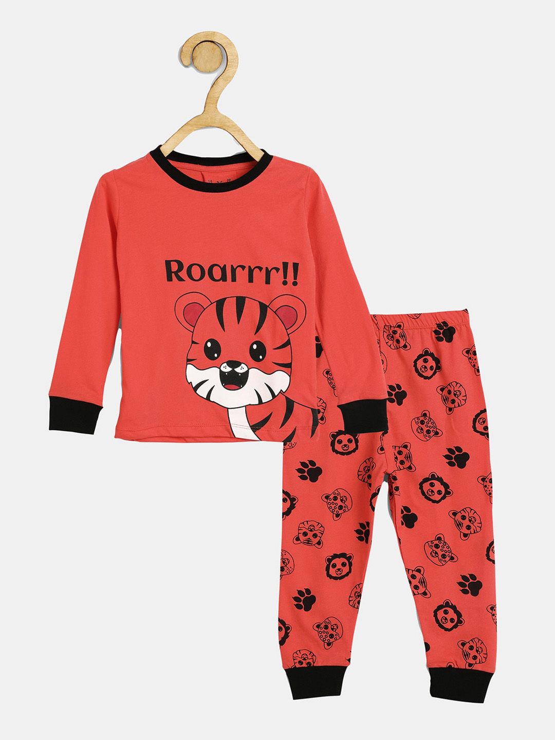 Wyld Sprog Boys Orange & Black Printed Pure Cotton Night Suit