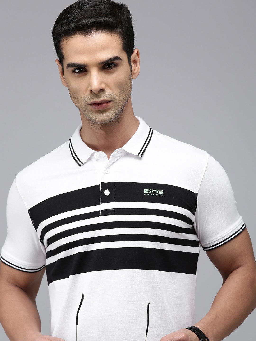 SPYKAR Men Pure Cotton Striped Polo Collar Slim Fit T-shirt