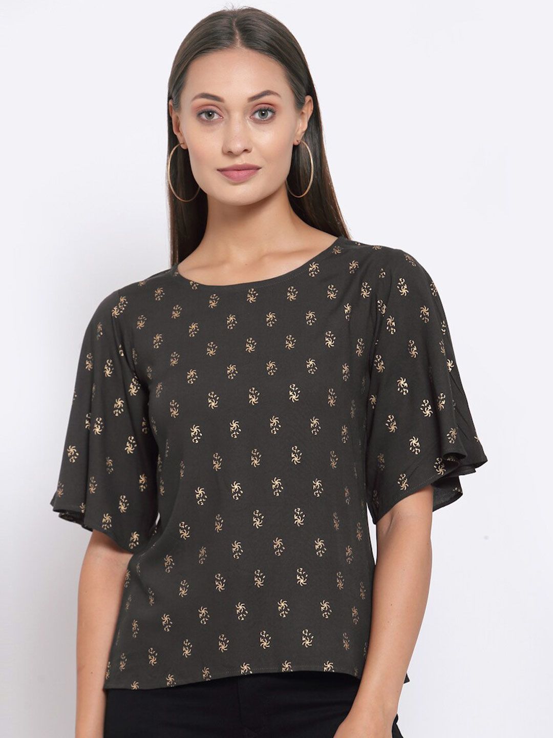 Selvia Grey Geometric Foil Printed Regular Top