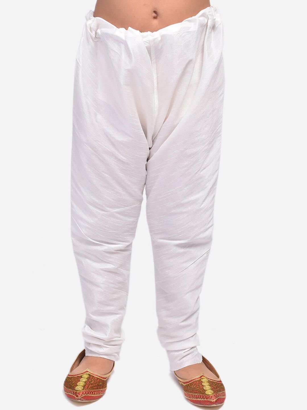 NAMASKAR Boys White Solid Pure Silk Slim-Fit Churidar