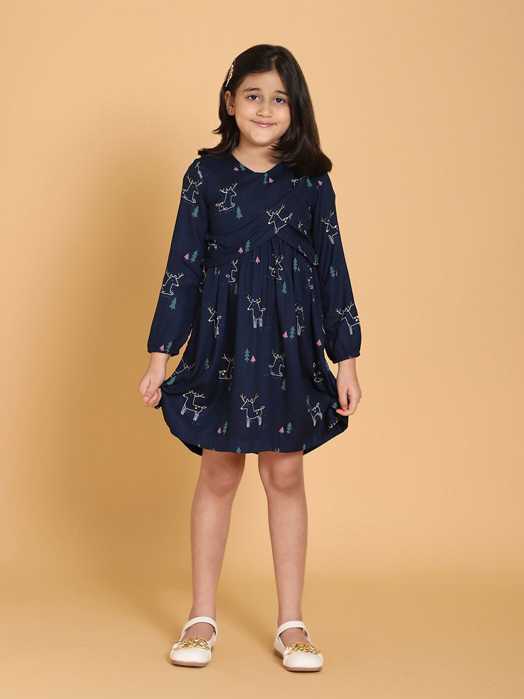 PICCOLO Girls Navy Blue Printed A-Line Dress