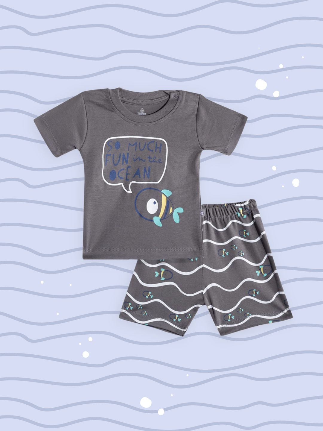 TINYO Infant Boys Charcoal Grey & White Pure Cotton Printed T-shirt with Shorts