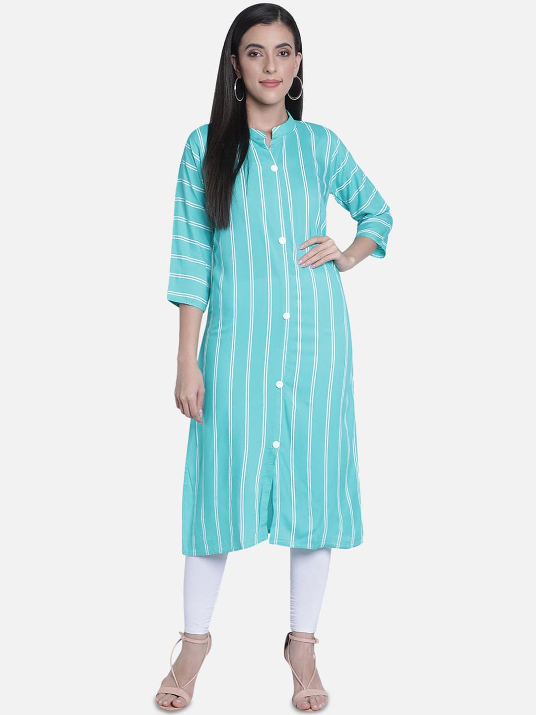 Fabclub Women Turquoise Blue & White Striped Straight Kurta