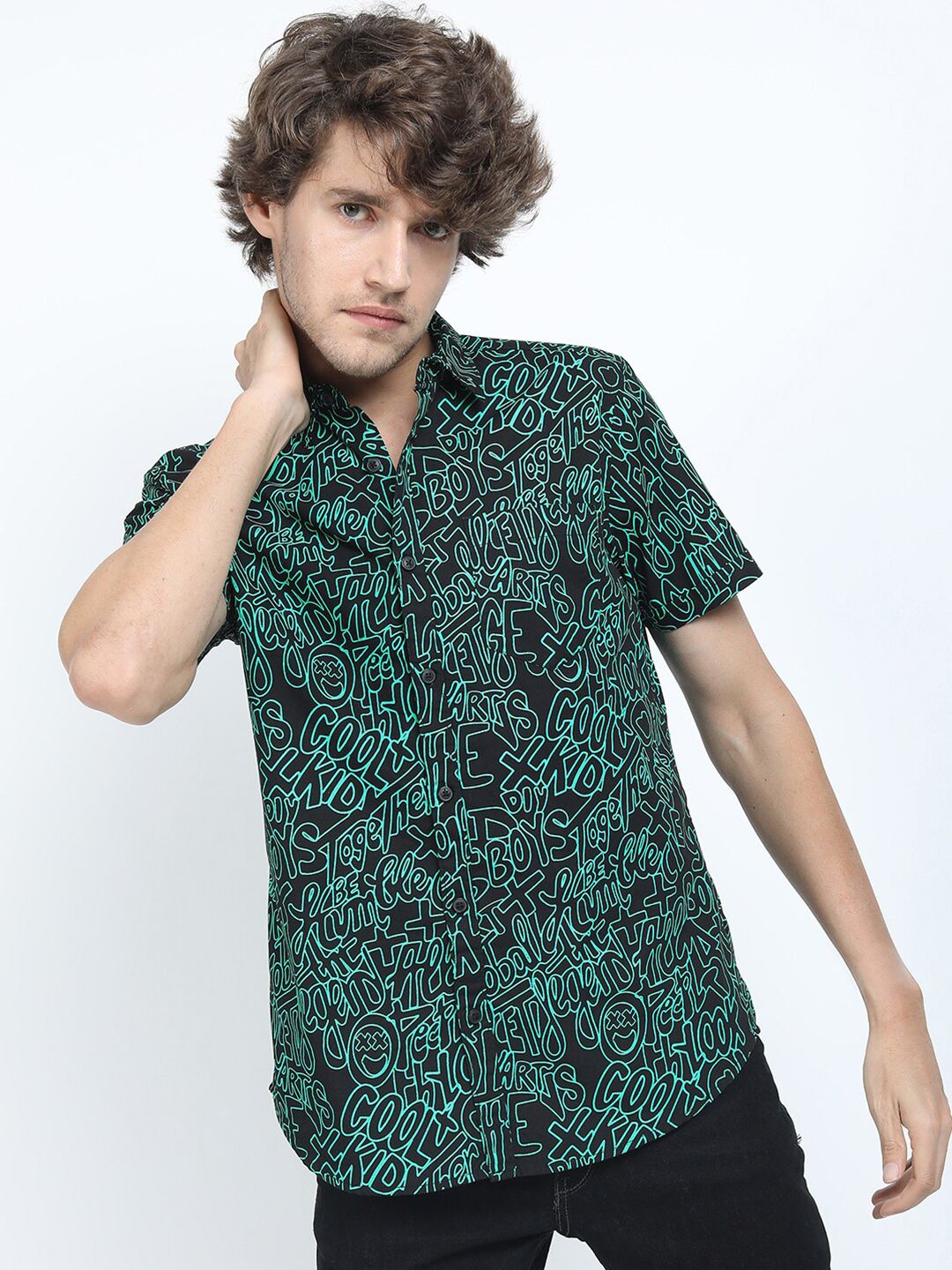 KETCH Men Black & Green Typography Printed Slim Fit Casual Cotton Shirt