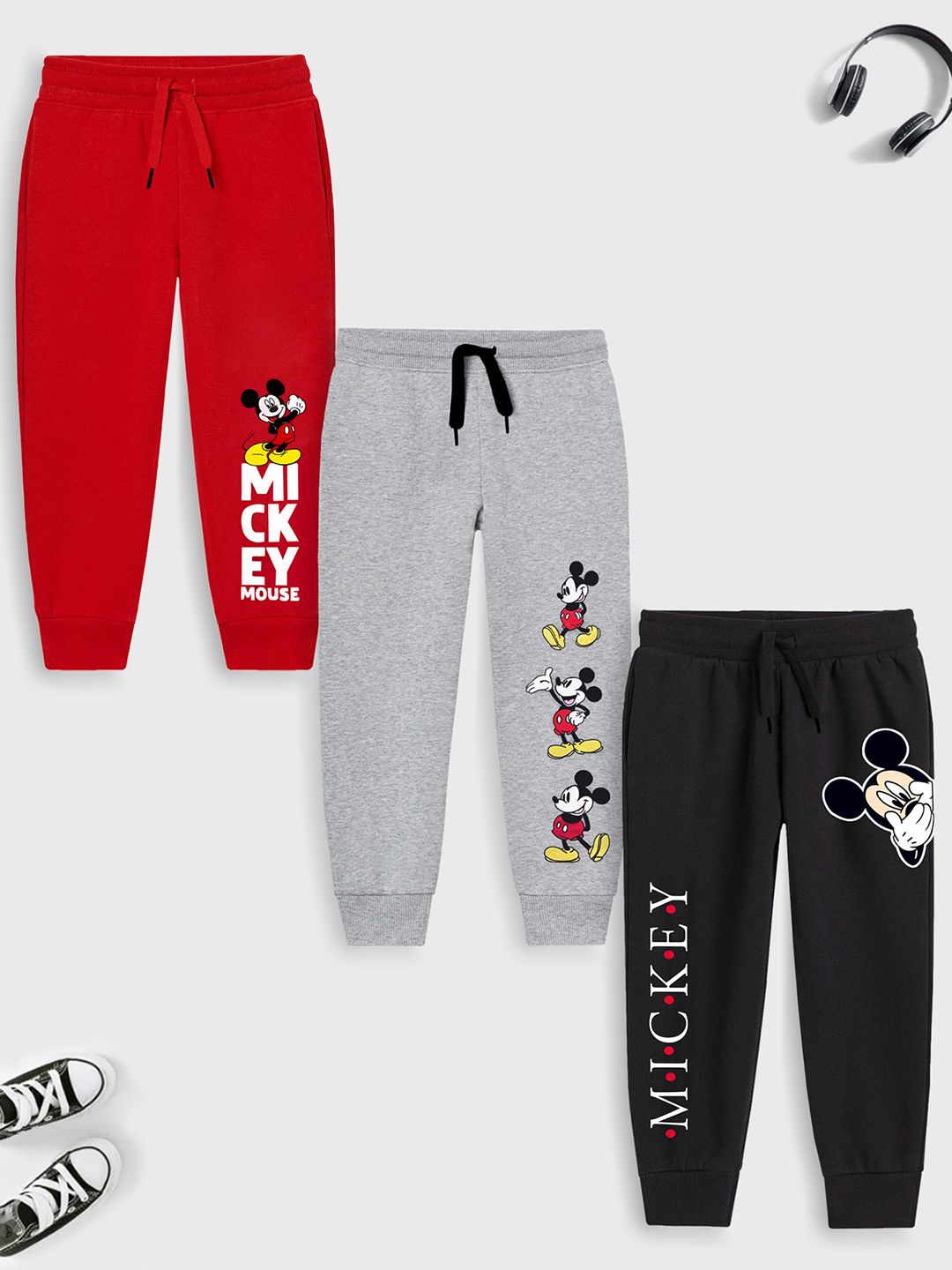 YK Disney Boys Red & Grey Pack Of 3 Printed Joggers