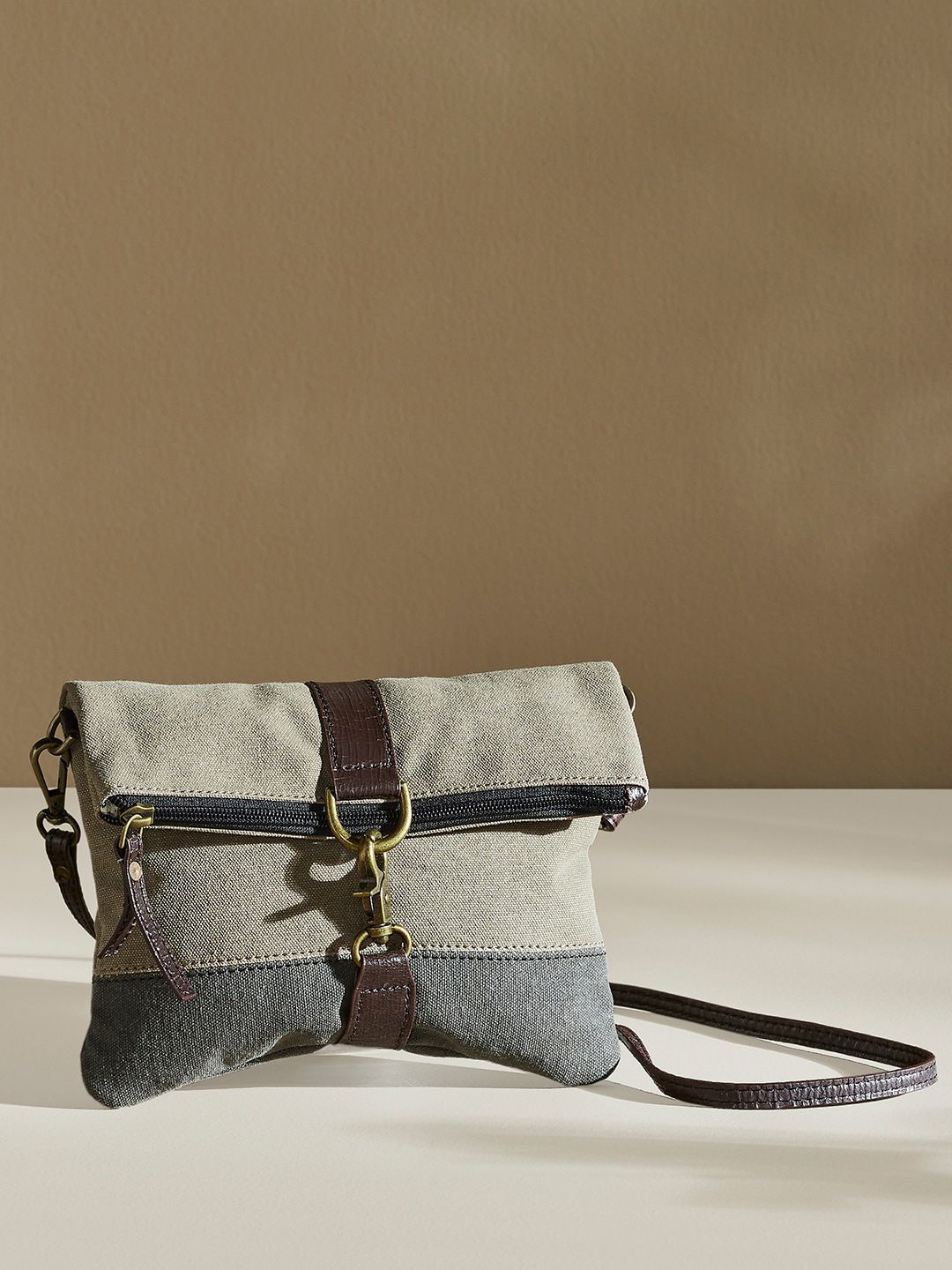 Mona B Brown Women Colourblocked Structured Upcycled Canvas Sling Bag