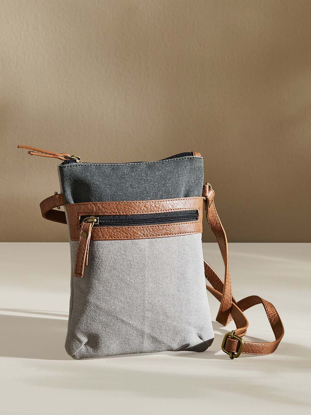 Mona B Women Grey & Tan Upcycled Canvas Crossbody Sling Bag