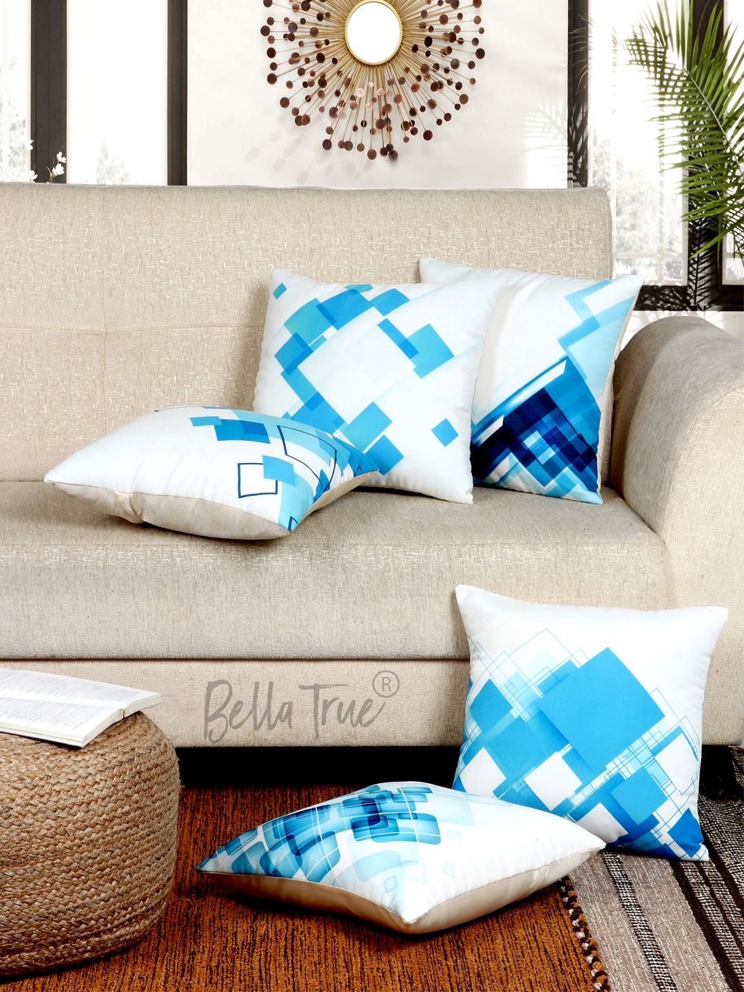 Buy BELLA TRUE Blue Geometric Polyester Anti Wrinkle 5 Piece Square Cushion Covers  16x16In -  - Home for Unisex