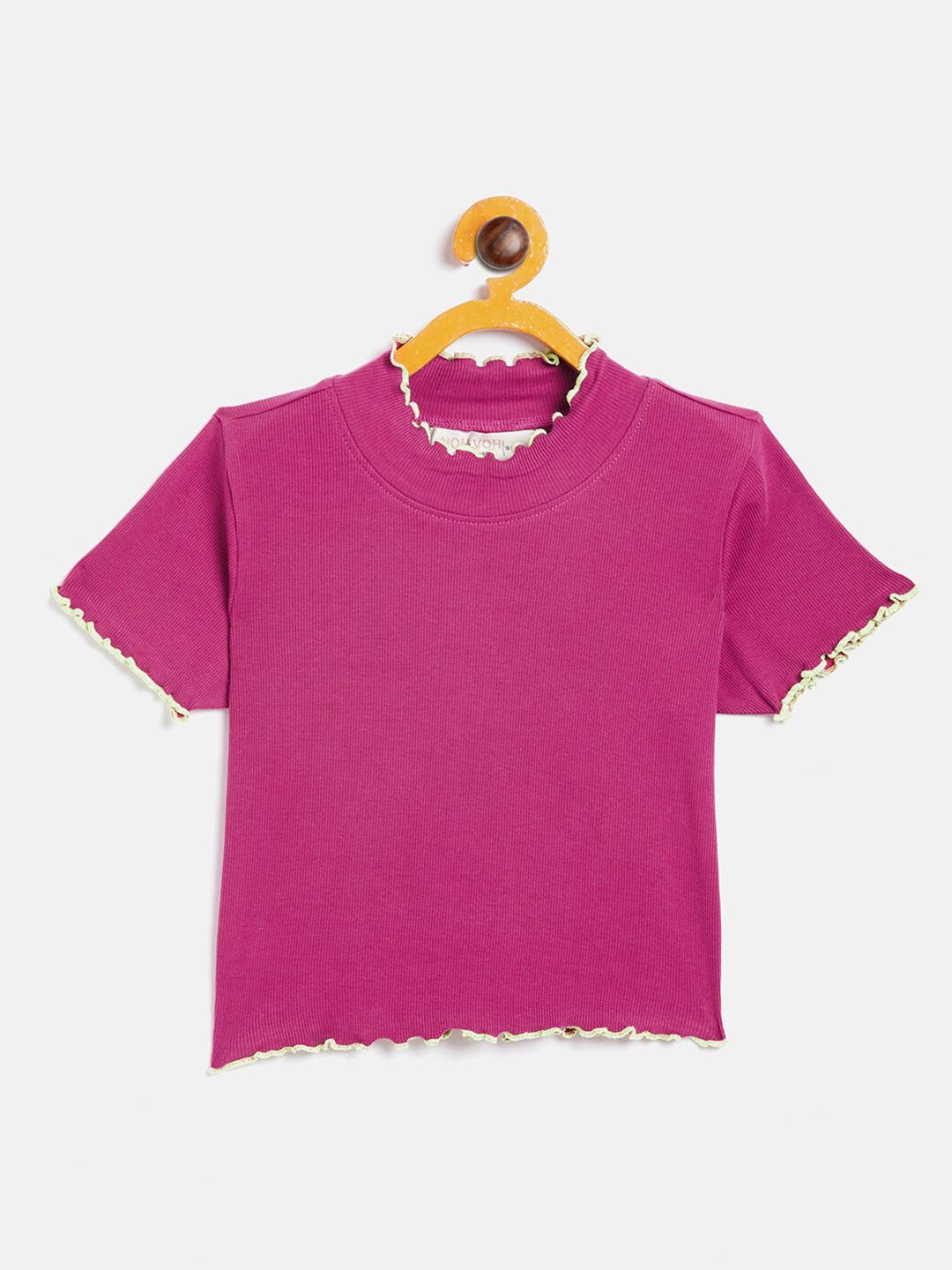 Noh Voh - SASSAFRAS Girls Pink & Off White High Neck Rib Crop Top