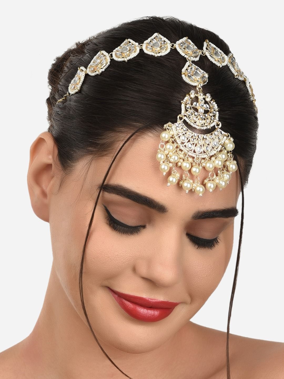 Zaveri Pearls Gold-Plated White & Cream-Toned Kundan-Studded & Pearl Beaded Mathapati