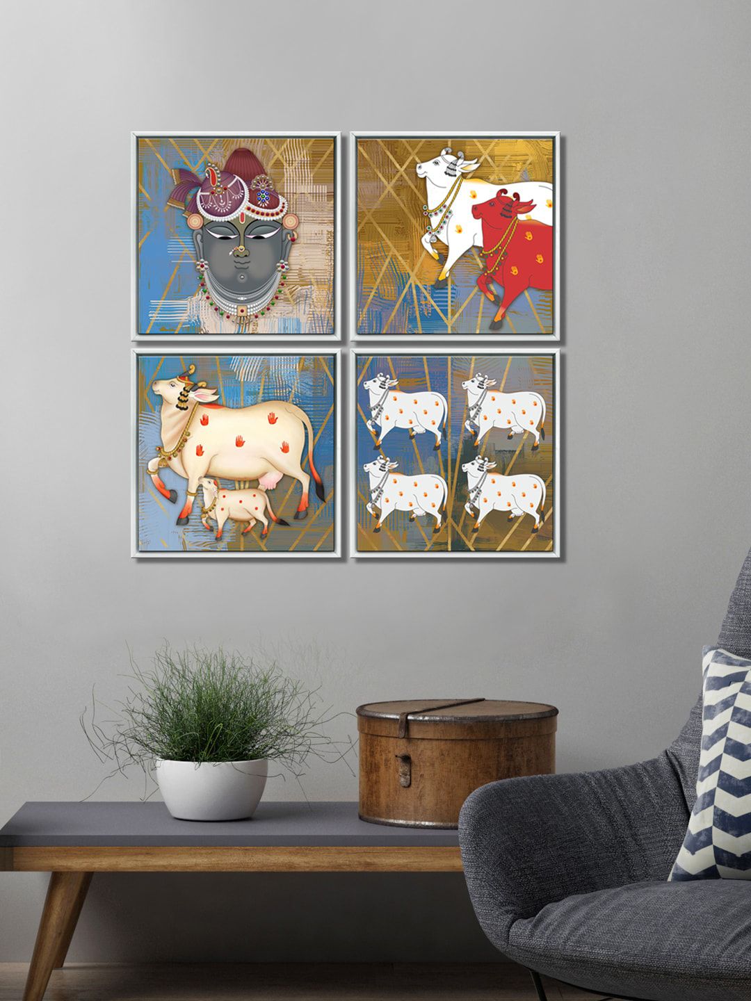 999Store Nandi cow Canvas 4 Piece Wall Square Paintings Wall Art - 13 x 13 In