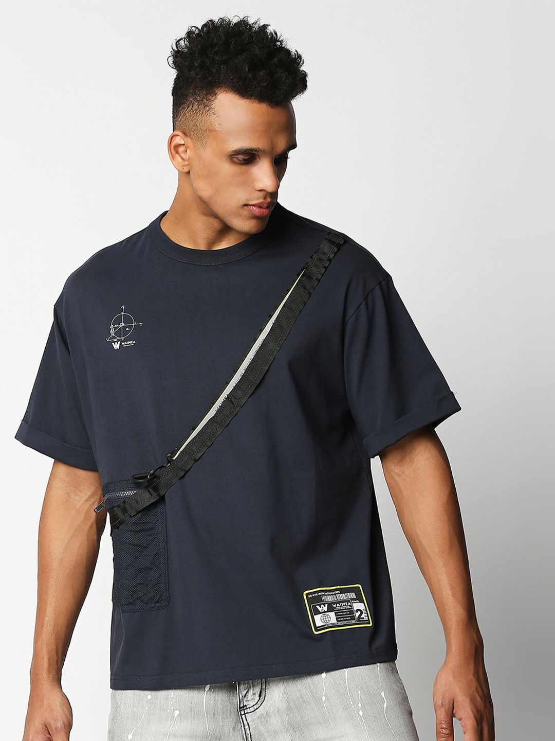 WAIMEA Men Navy Blue Typography Applique Boxy T-shirt