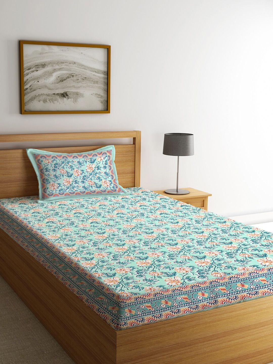 Rajasthan Decor Jaipuri Sea Green Floral Pure Cotton 144 TC Fitted Single Bedsheet with a Pillow Cover-59 x 89 inches