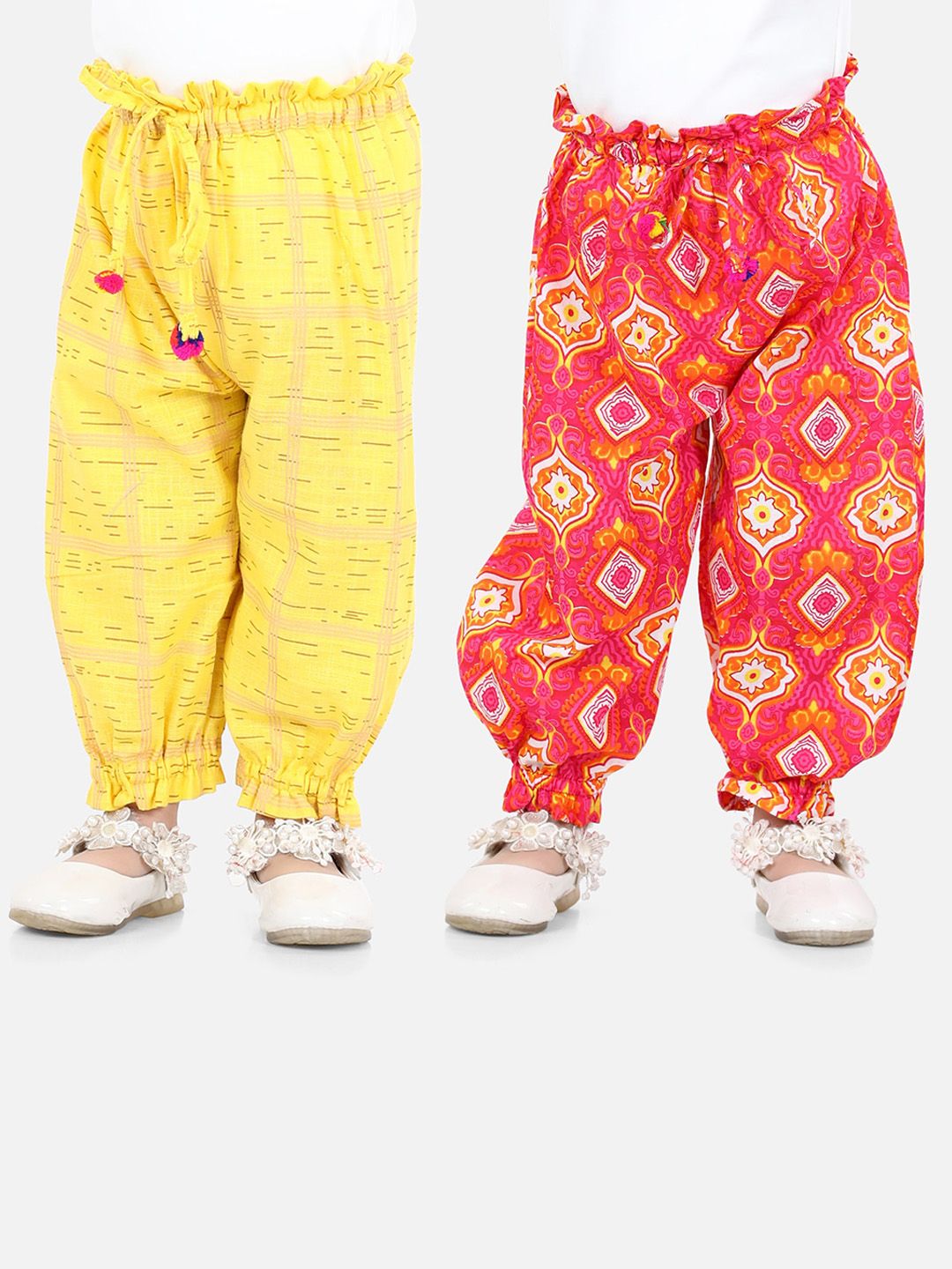 BownBee Girls Pack Of 2 Yellow & Red Printed Pure Cotton Harem Pants