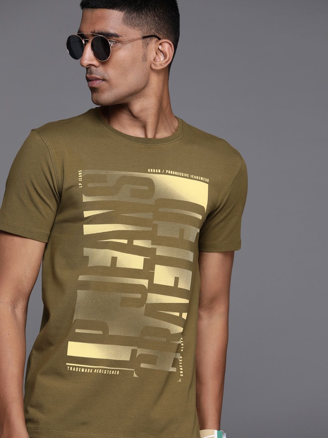 Louis Philippe Jeans Men Olive Green & Cream-Coloured Typography Printed T-shirt